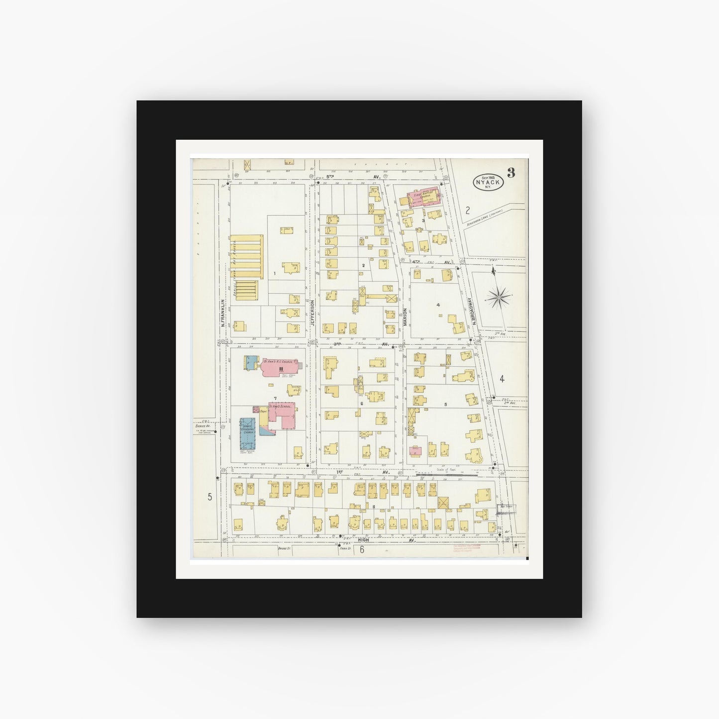 Old map wall art mockup — black gallery frame with white mat — Sanborn Fire Insurance Map from Nyack, Rockland County, New York. (1903), Sheet #0003