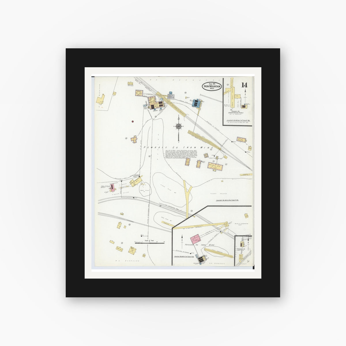 Old map wall art mockup — black gallery frame with white mat — Sanborn Fire Insurance Map from Iron Mountain, Dickinson County, Michigan (1911), Sheet #0014