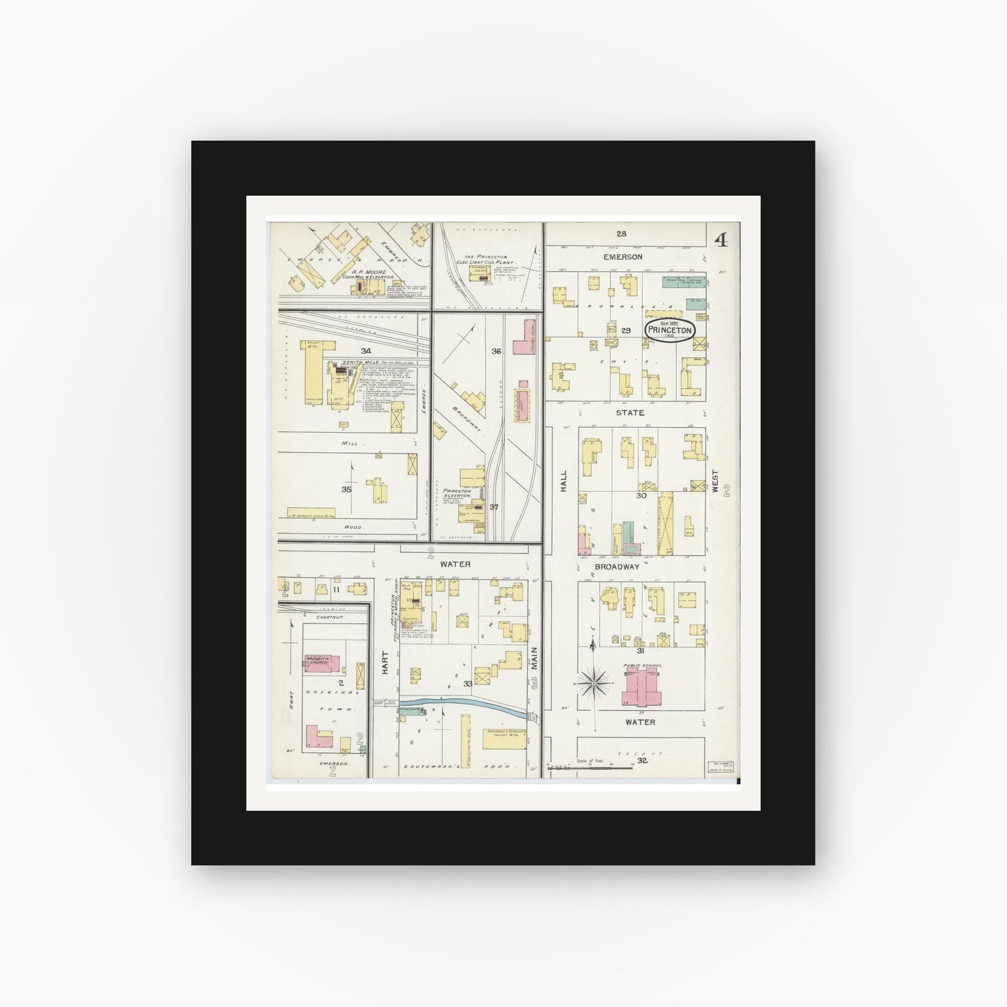 Old map wall art mockup — black gallery frame with white mat — Sanborn Fire Insurance Map from Princeton, Gibson County, Indiana (1892), Sheet #0004