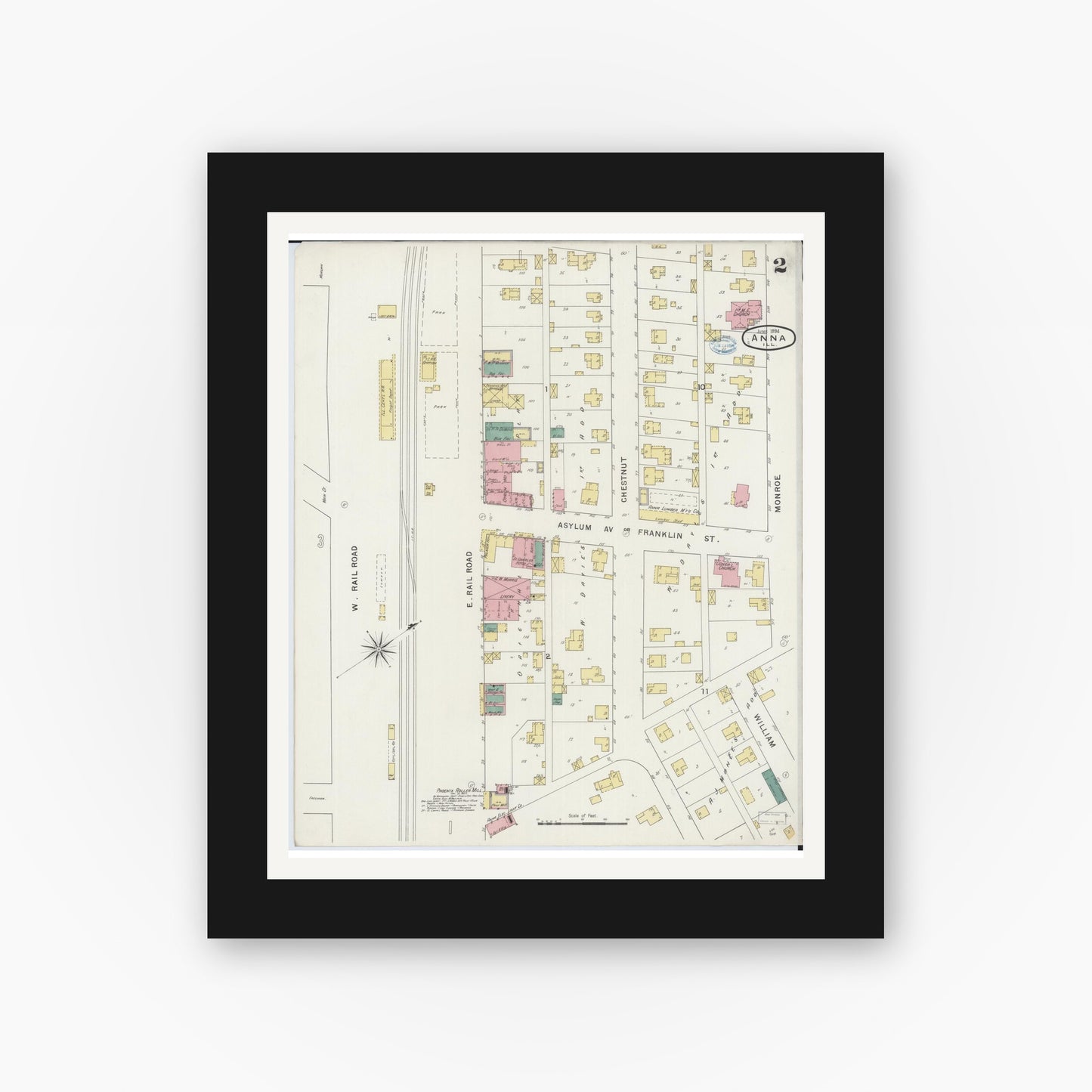 Old map wall art mockup — black gallery frame with white mat — Sanborn Fire Insurance Map from Anna, Union County, Illinois (1894), Sheet #0002