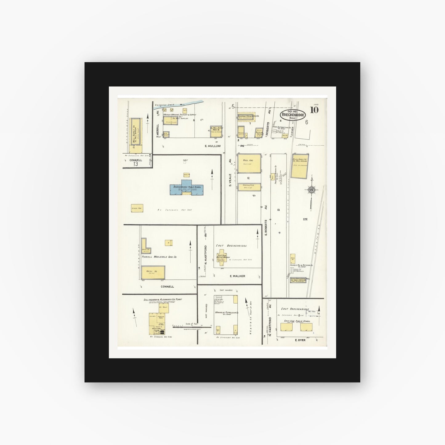 Old map wall art mockup — black gallery frame with white mat — Sanborn Fire Insurance Map from Breckenridge, Stephens County, Texas (1921), Sheet #0010