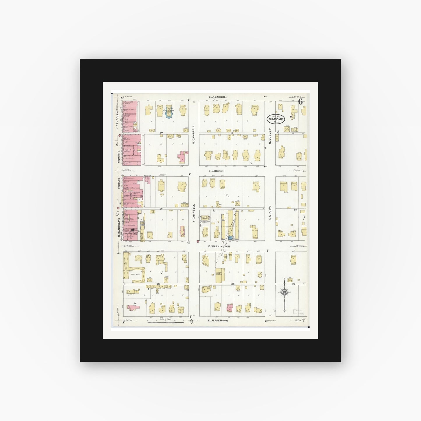 Old map wall art mockup — black gallery frame with white mat — Sanborn Fire Insurance Map from Macomb, Mcdonough County, Illinois (1910), Sheet #0006