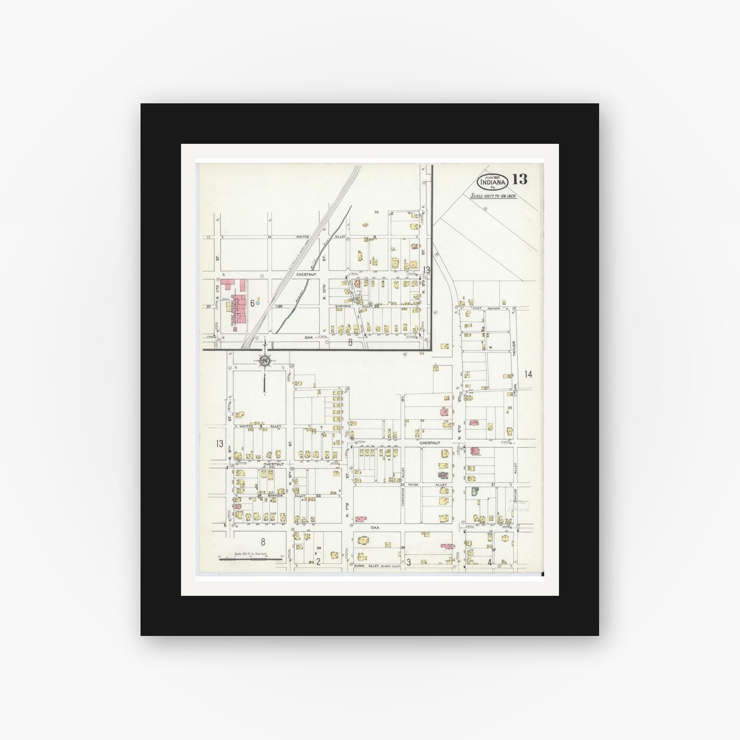 Old map wall art mockup — black gallery frame with white mat — Sanborn Fire Insurance Map from Indiana, Indiana County, Pennsylvania (1916), Sheet #0013