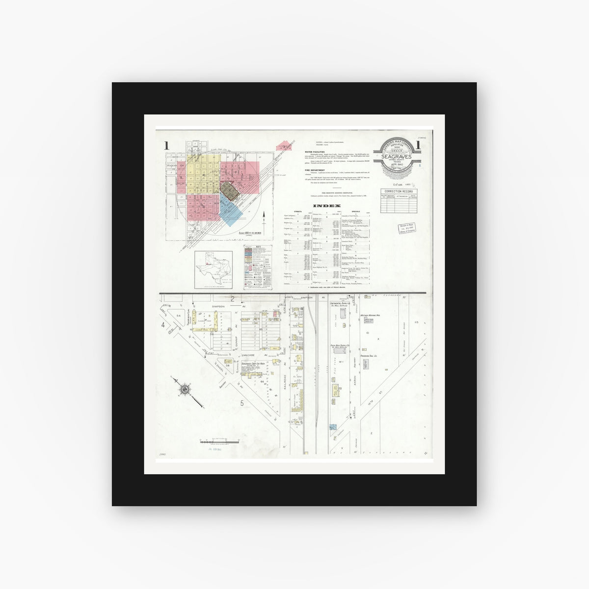 Old map wall art mockup — black gallery frame with white mat — Sanborn Fire Insurance Map from Seagraves, Gaines County, Texas (1940), Sheet #0001