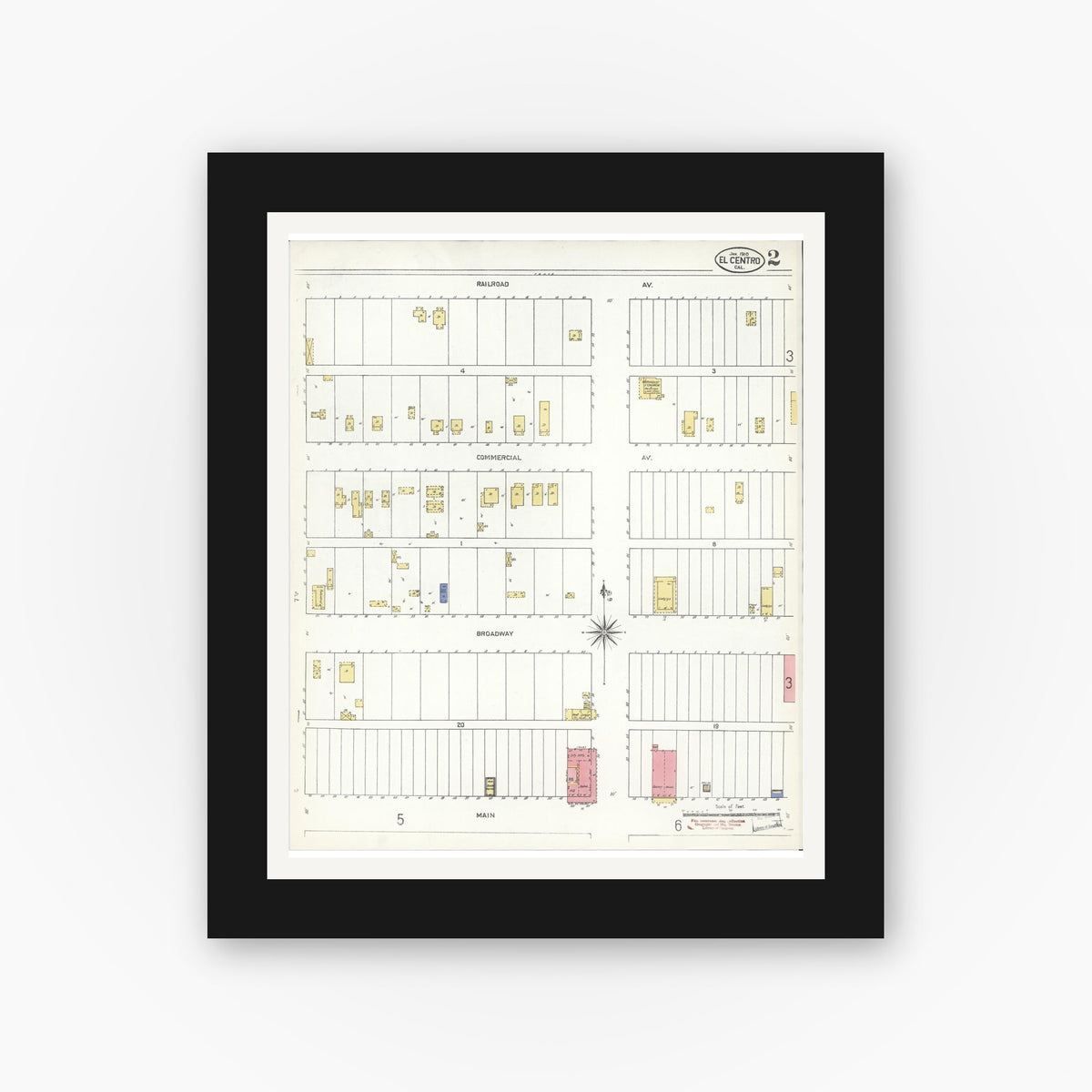 Old map wall art mockup — black gallery frame with white mat — Sanborn Fire Insurance Map from El Centro, Imperial County, California (1910), Sheet #0002