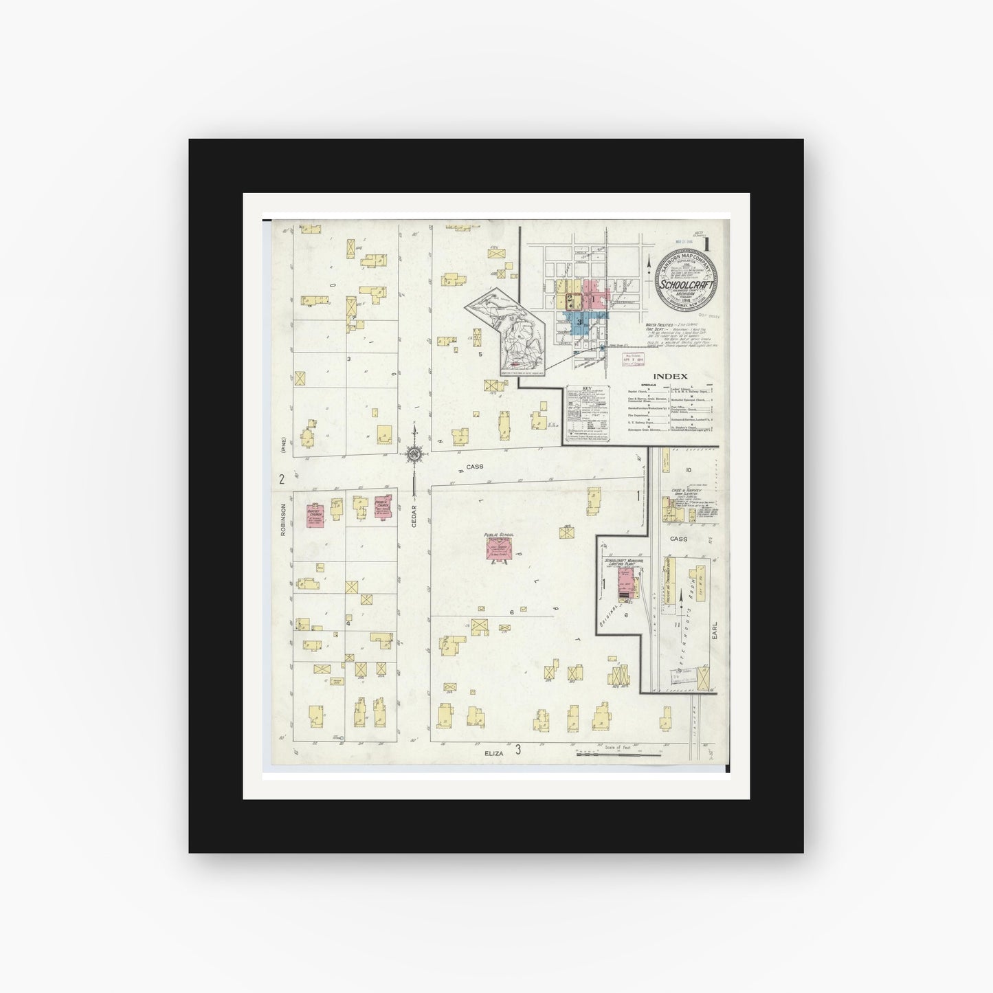 Old map wall art mockup — black gallery frame with white mat — Sanborn Fire Insurance Map from Schoolcraft, Kalamazoo County, Michigan (1914) - Complete Map Set