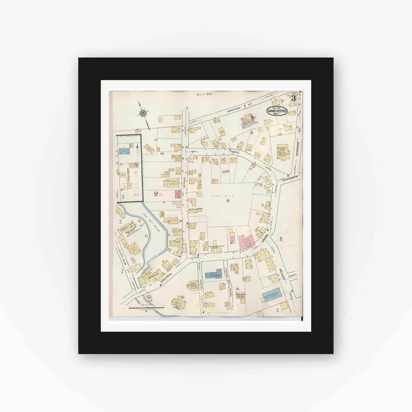Old map wall art mockup — black gallery frame with white mat — Sanborn Fire Insurance Map from Manchester, Essex County, Massachusetts (1941), Sheet #0003