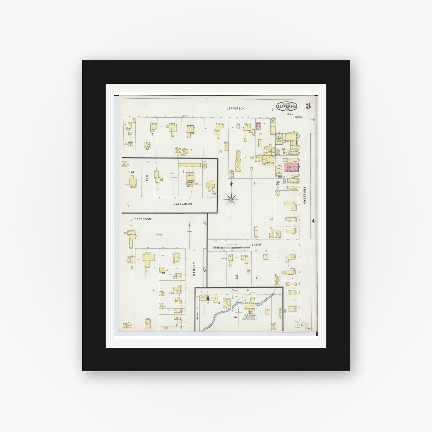 Old map wall art mockup — black gallery frame with white mat — Sanborn Fire Insurance Map from Jefferson, Ashtabula County, Ohio (1896), Sheet #0003