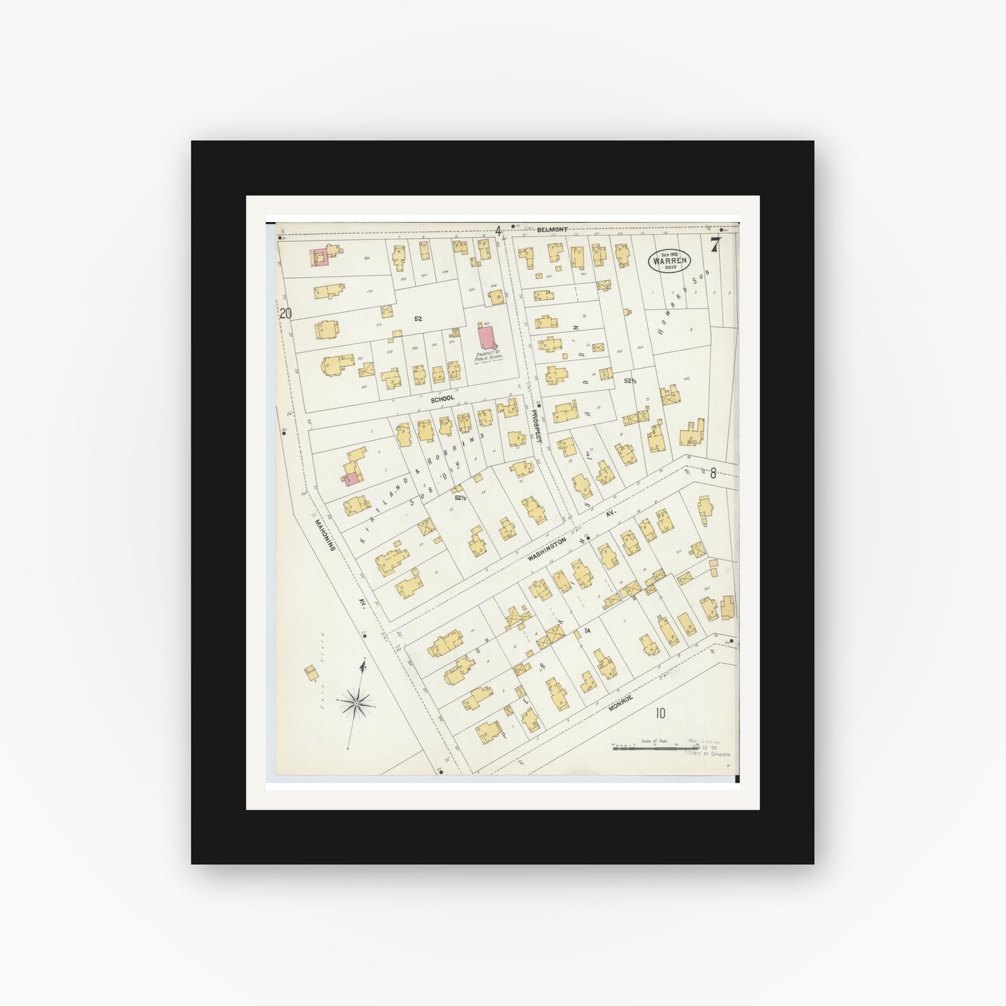Old map wall art mockup — black gallery frame with white mat — Sanborn Fire Insurance Map from Warren, Trumbull County, Ohio (1902), Sheet #0007