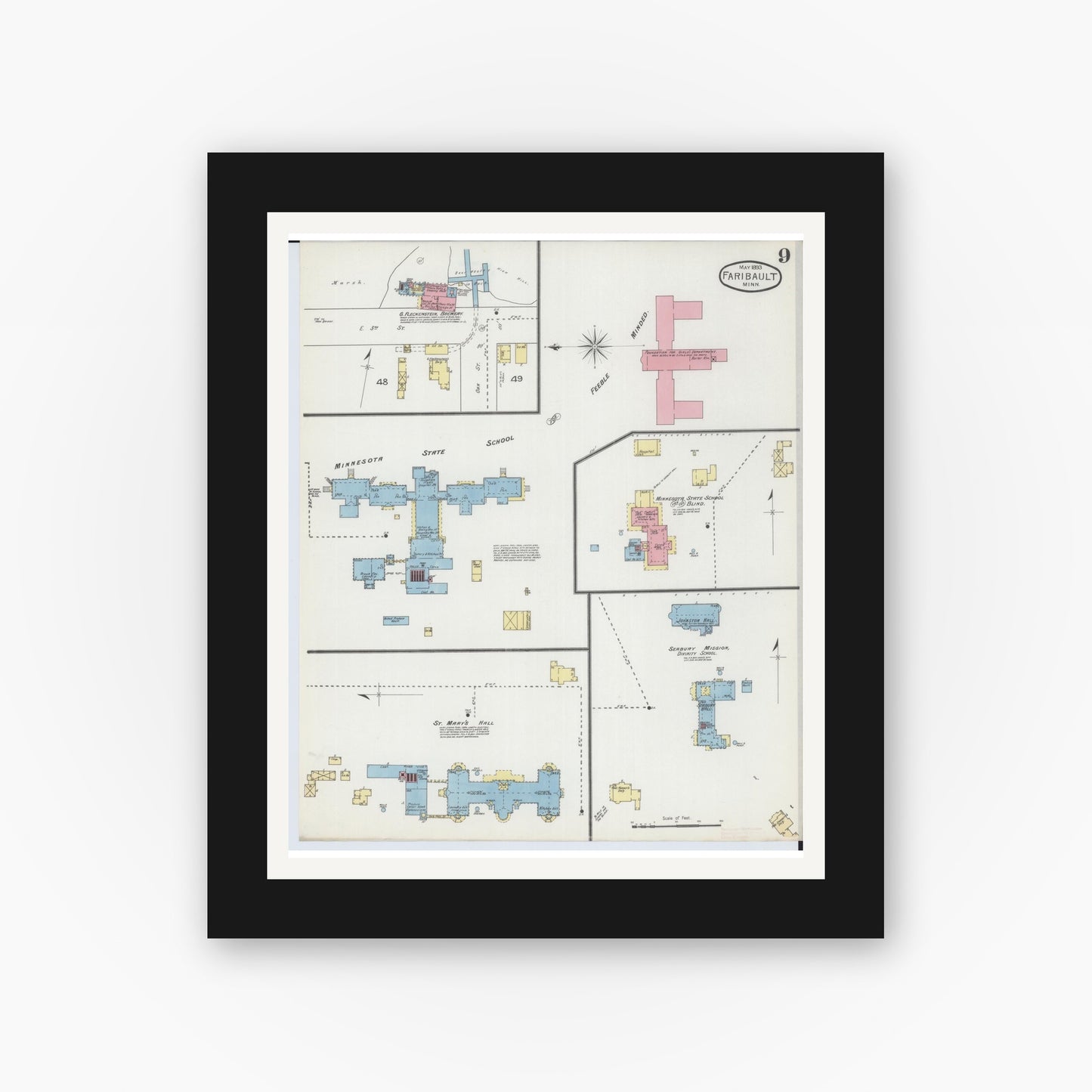 Old map wall art mockup — black gallery frame with white mat — Sanborn Fire Insurance Map from Faribault, Rice County, Minnesota (1893), Sheet #0009