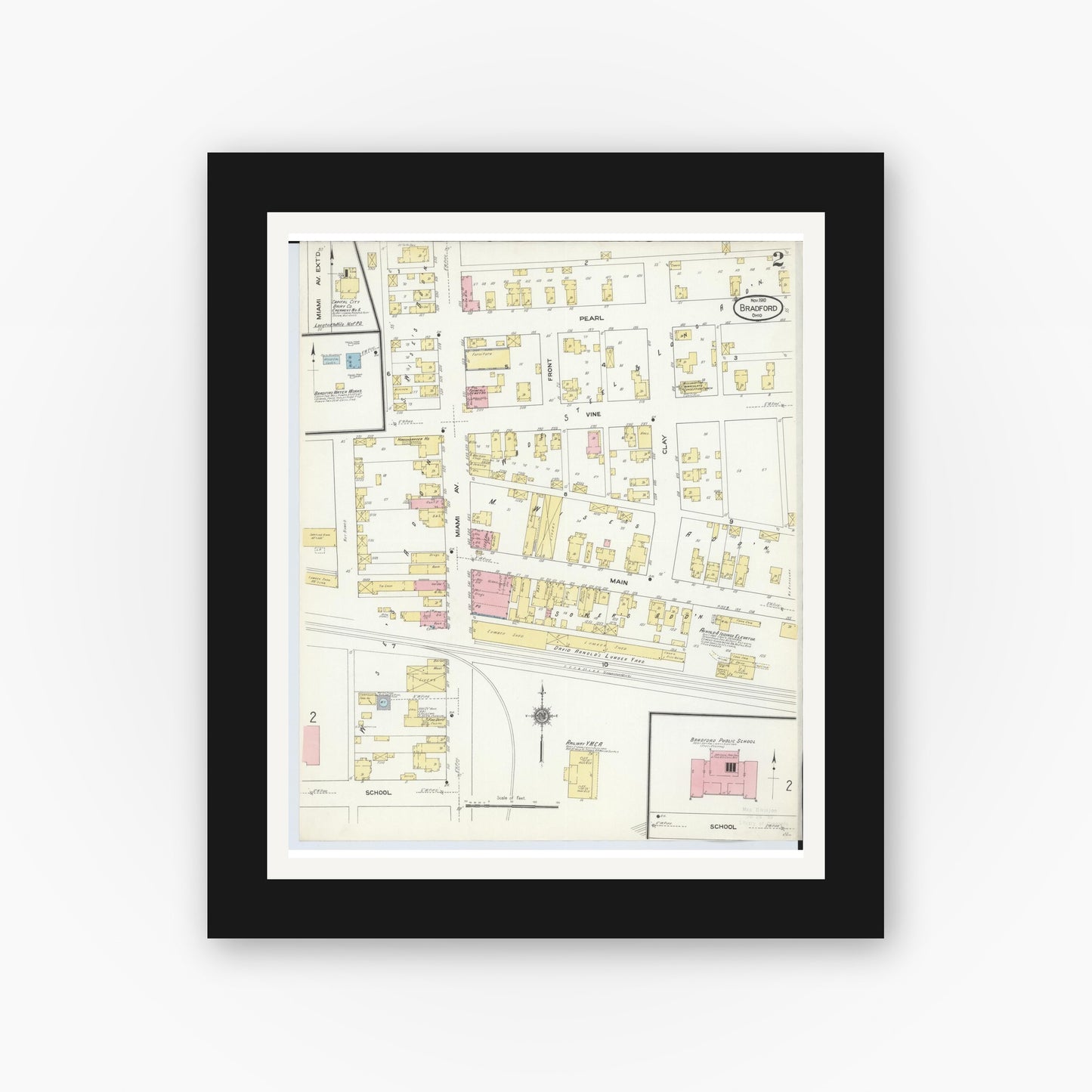 Old map wall art mockup — black gallery frame with white mat — Sanborn Fire Insurance Map from Bradford, Darke and Miami Counties, Ohio (1910), Sheet #0002