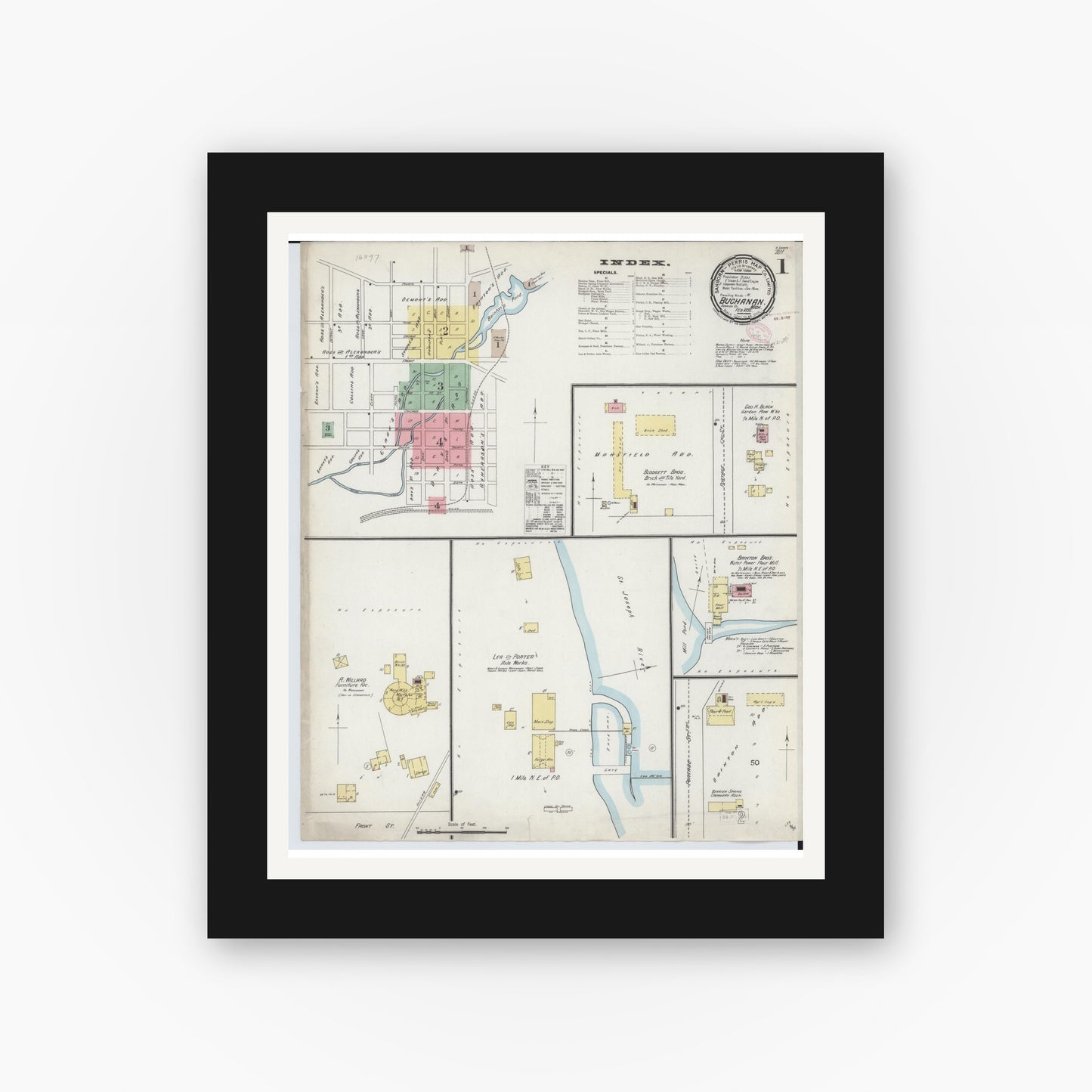Old map wall art mockup — black gallery frame with white mat — Sanborn Fire Insurance Map from Buchanan, Berrien County, Michigan (1895), Sheet #0001