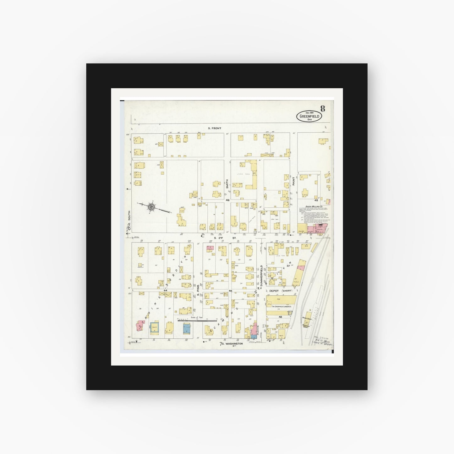 Old map wall art mockup — black gallery frame with white mat — Sanborn Fire Insurance Map from Greenfield, Highland County, Ohio (1910), Sheet #0008