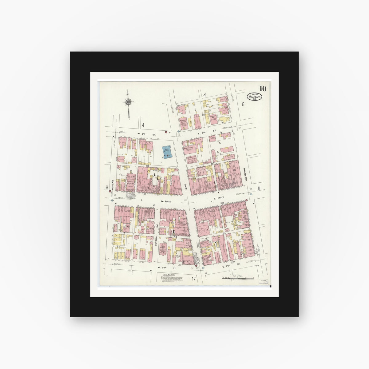 Old map wall art mockup β black gallery frame with white mat β Sanborn Fire Insurance Map from Madison, Jefferson County, Indiana (1911), Sheet #0010