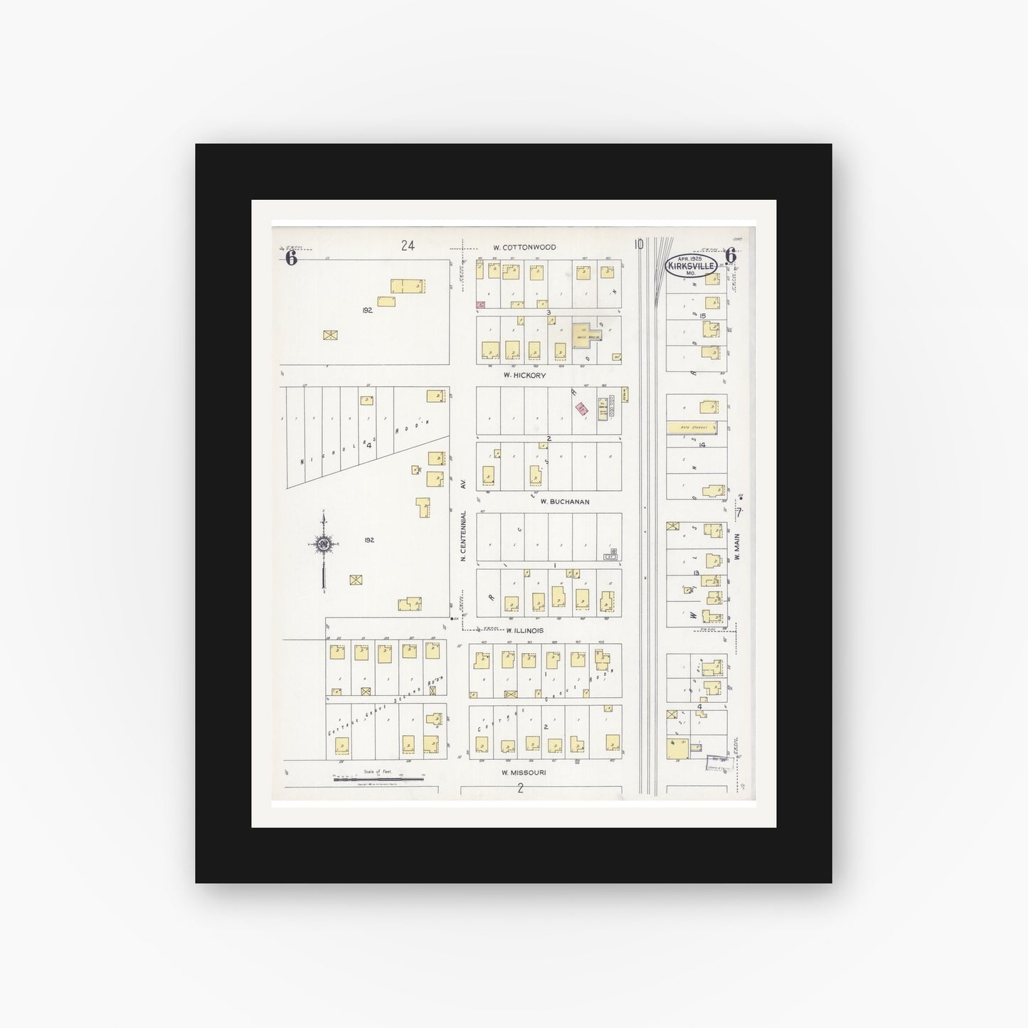 Old map wall art mockup — black gallery frame with white mat — Sanborn Fire Insurance Map from Kirksville, Adair County, Missouri (1925), Sheet #0006