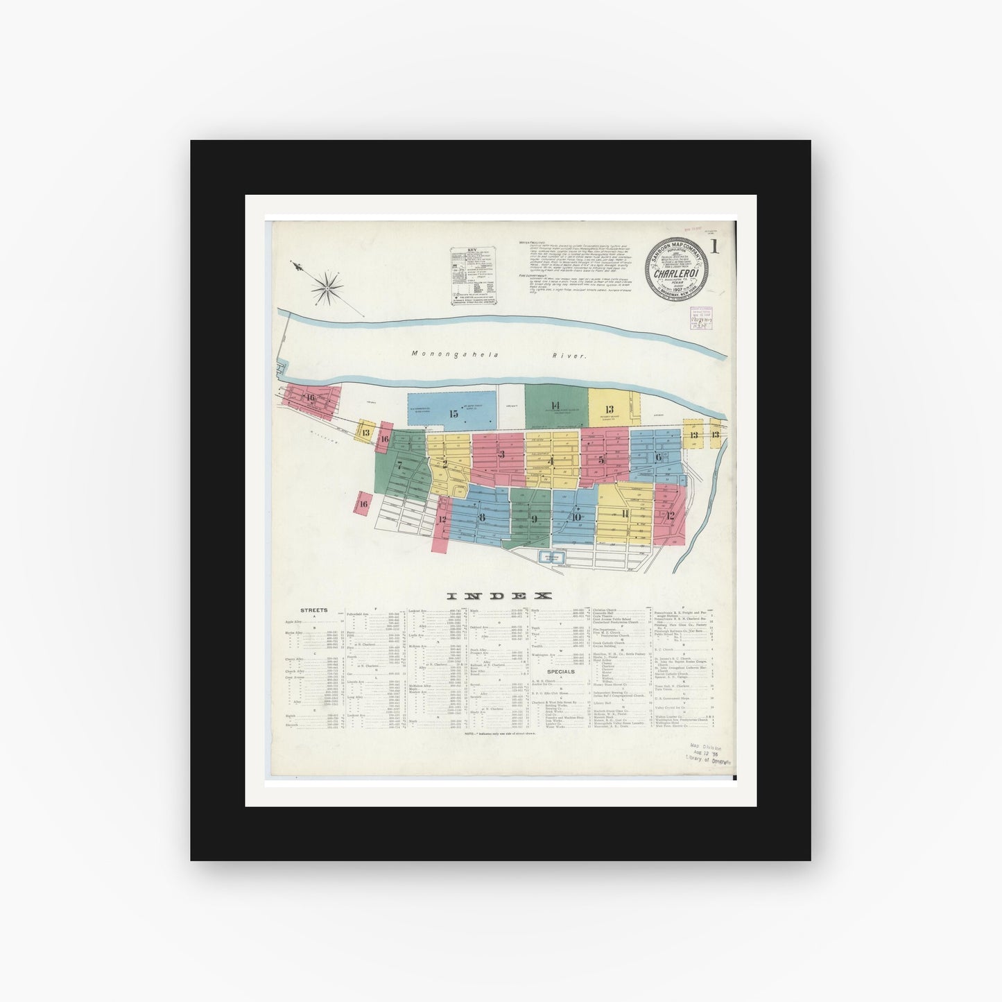 Old map wall art mockup — black gallery frame with white mat — Sanborn Fire Insurance Map from Charleroi, Washington County, Pennsylvania (1907) - Complete Map Set