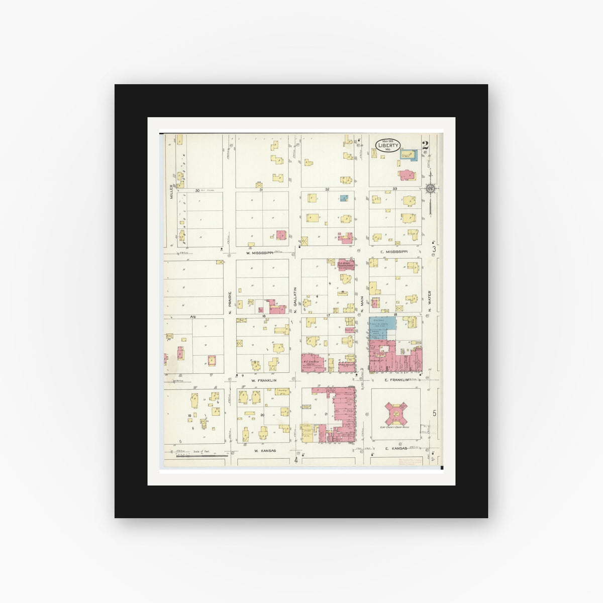 Old map wall art mockup — black gallery frame with white mat — Sanborn Fire Insurance Map from Liberty, Clay County, Missouri (1913), Sheet #0002