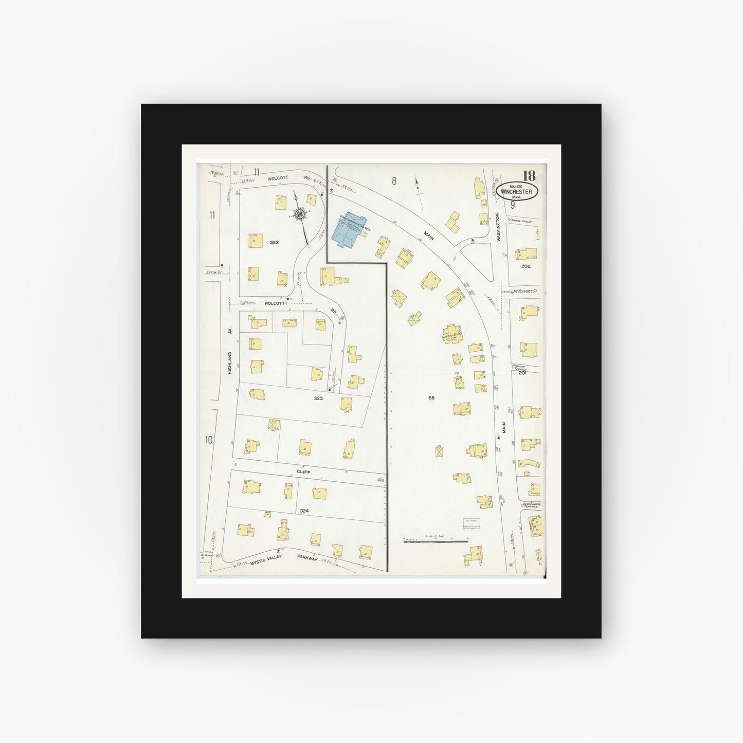 Old map wall art mockup — black gallery frame with white mat — Sanborn Fire Insurance Map from Winchester, Middlesex County, Massachusetts (1910), Sheet #0018