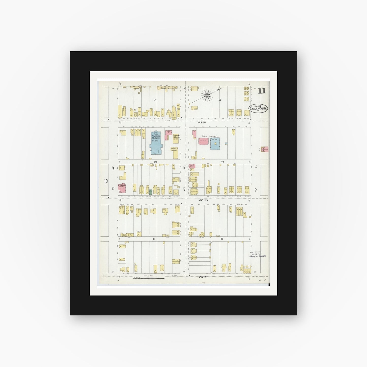 Old map wall art mockup — black gallery frame with white mat — Sanborn Fire Insurance Map from Mauch Chunk, Carbon County, Pennsylvania (1902), Sheet #0011
