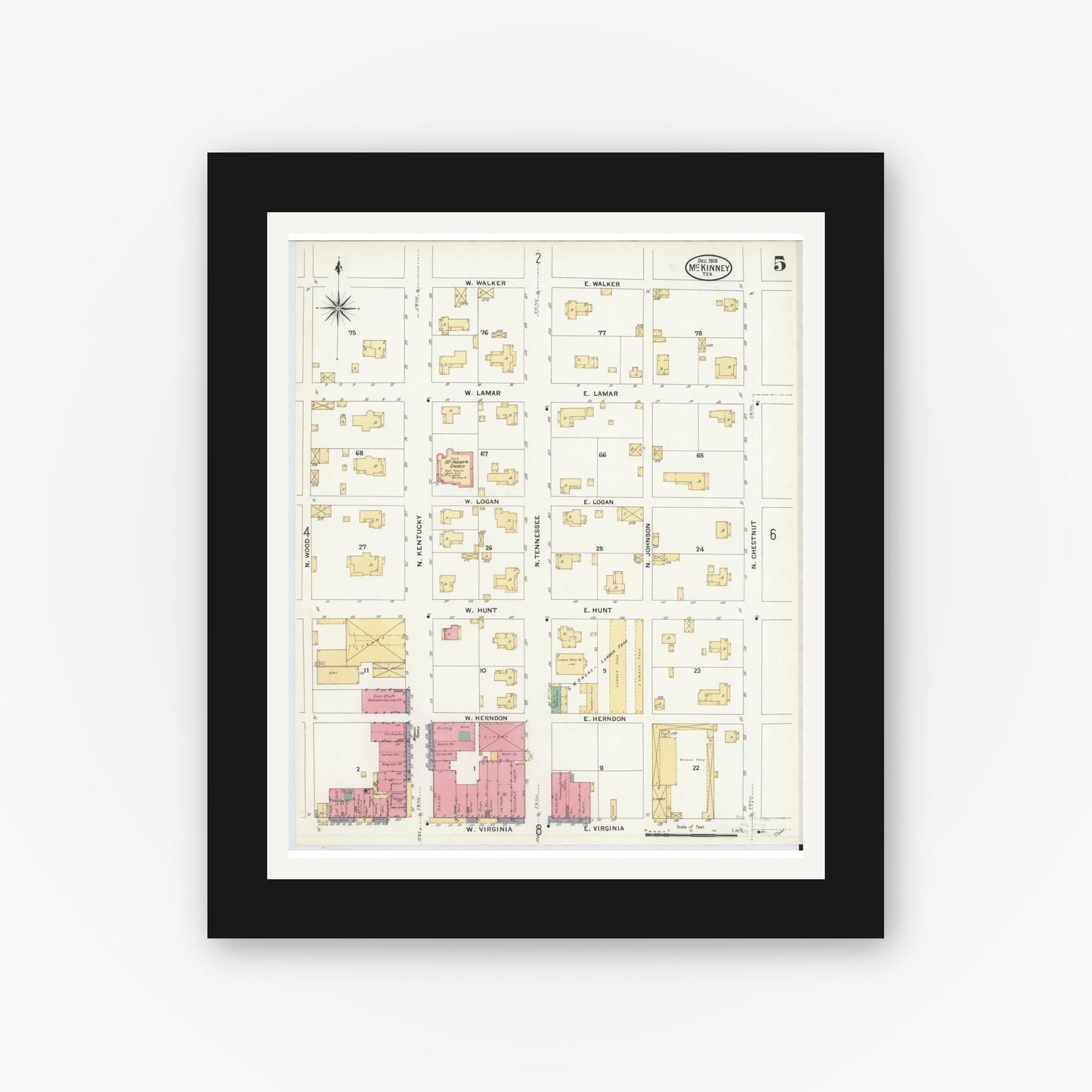 Old map wall art mockup — black gallery frame with white mat — Sanborn Fire Insurance Map from McKinney, Collin County, Texas (1908), Sheet #0005