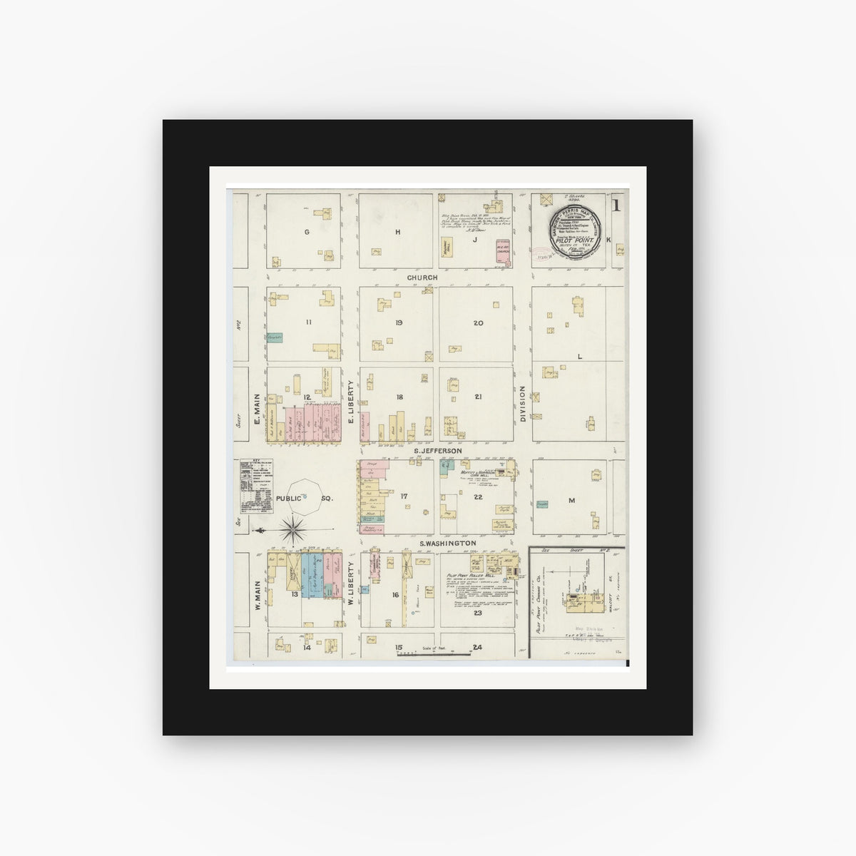 Old map wall art mockup — black gallery frame with white mat — Sanborn Fire Insurance Map from Pilot Point, Denton County, Texas (1891), Sheet #0001