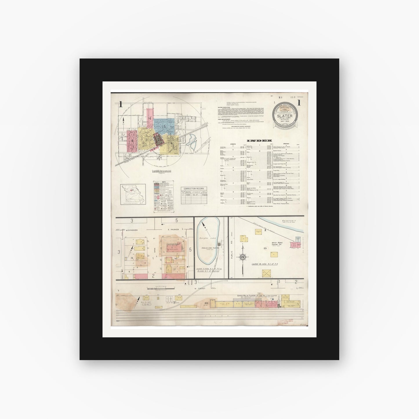Old map wall art mockup — black gallery frame with white mat — Sanborn Fire Insurance Map from Slater, Saline County, Missouri (1944) - Complete Map Set