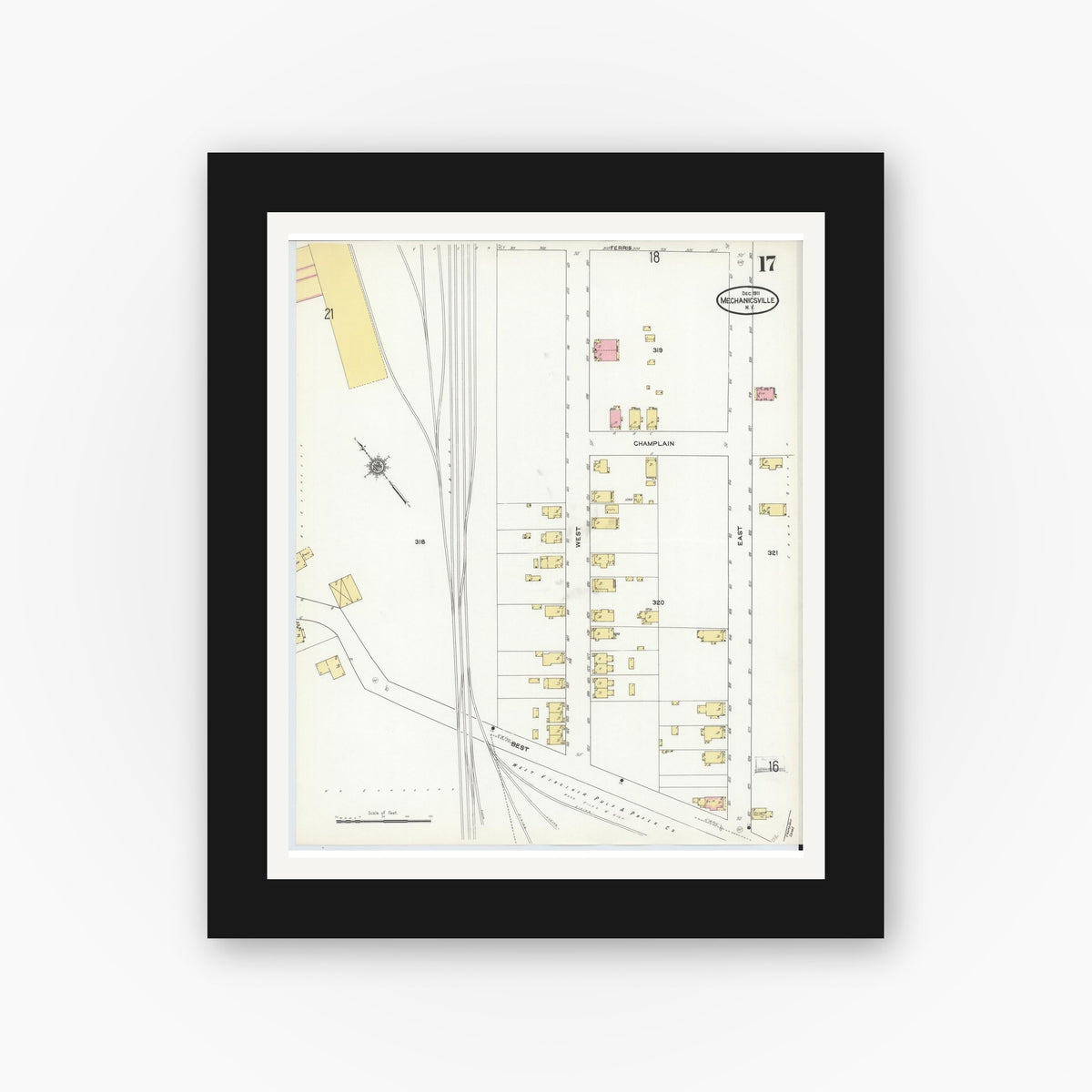 Old map wall art mockup — black gallery frame with white mat — Sanborn Fire Insurance Map from Mechanicville, Saratoga County, New York (1911), Sheet #0017
