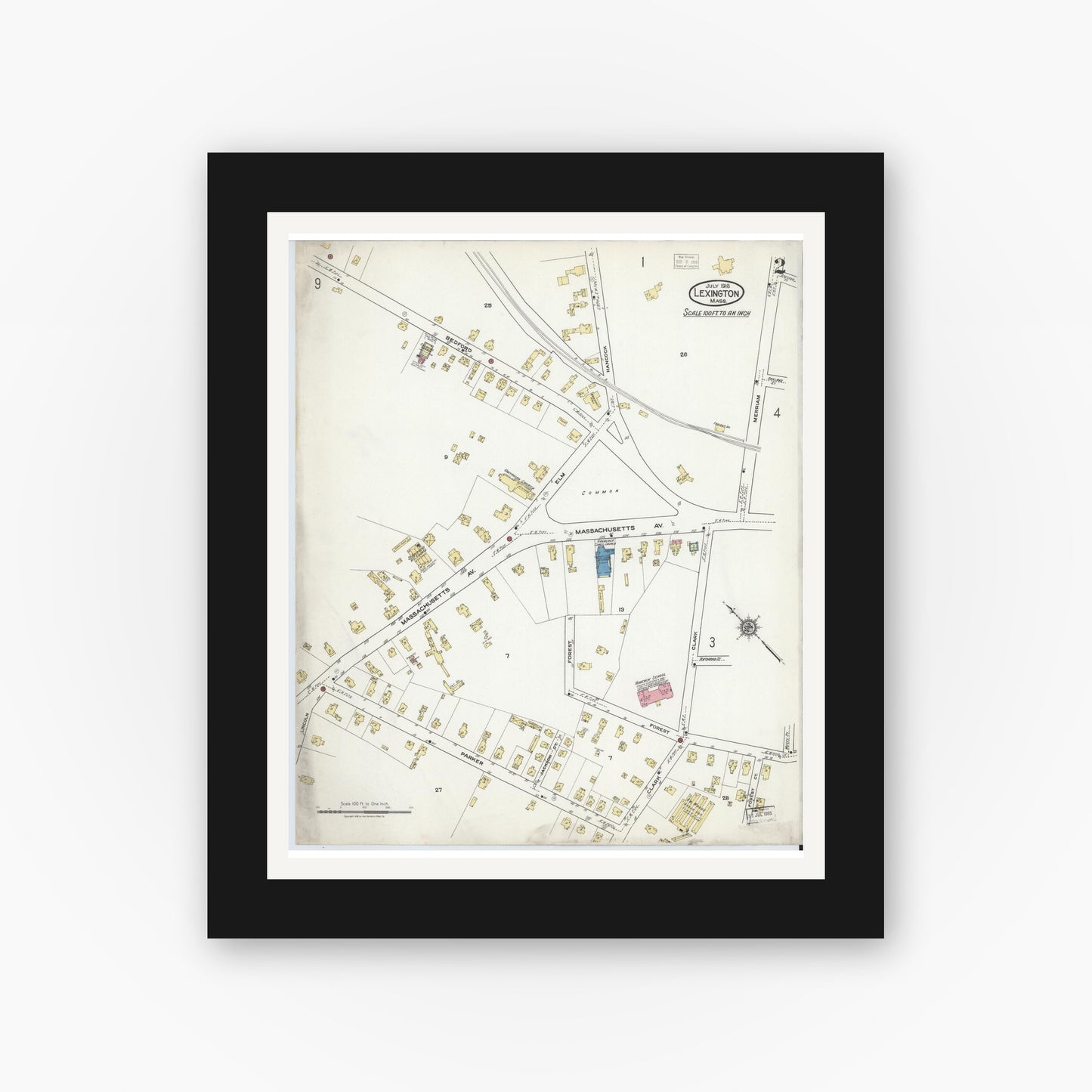 Old map wall art mockup — black gallery frame with white mat — Sanborn Fire Insurance Map from Lexington, Middlesex County, Massachusetts (1918), Sheet #0002