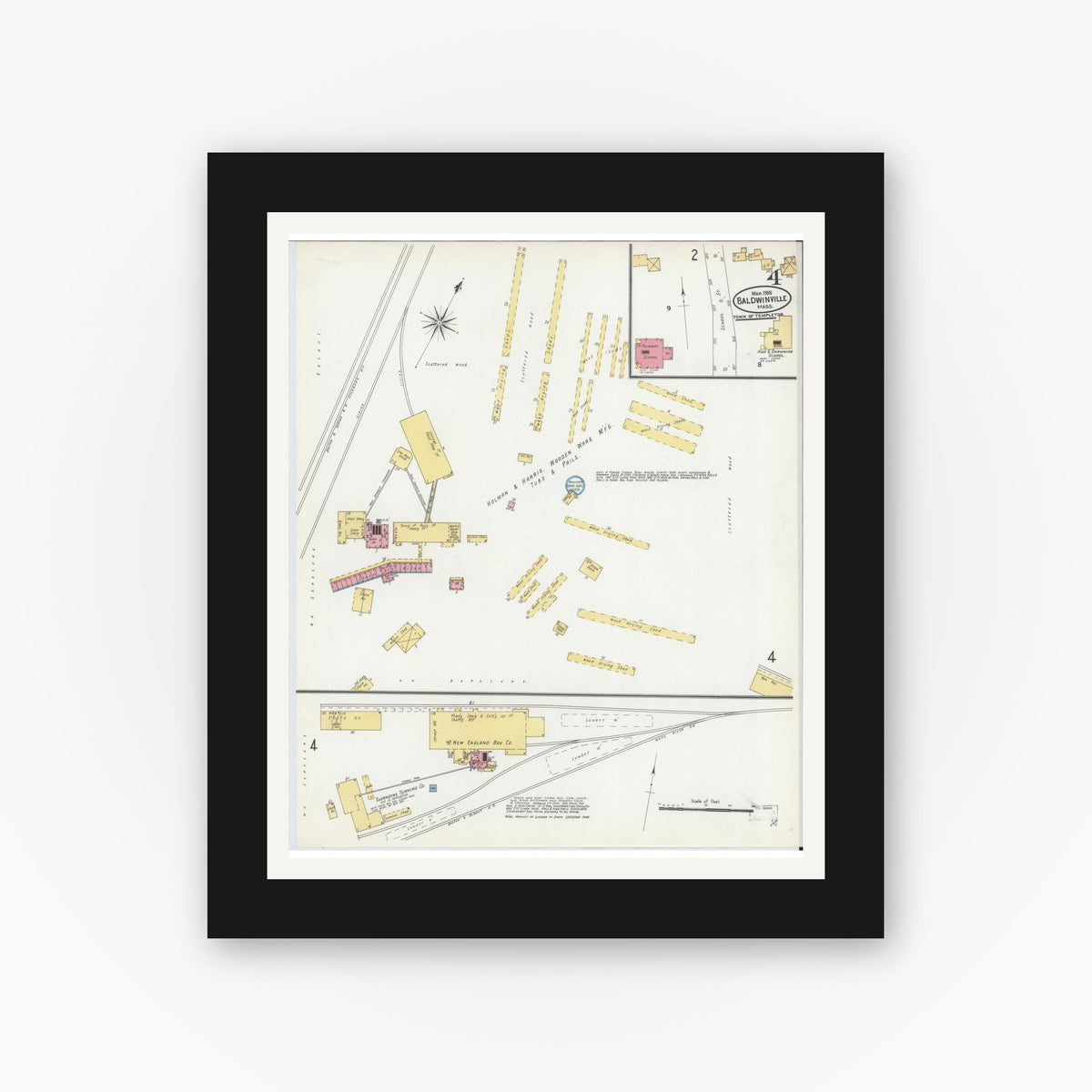Old map wall art mockup — black gallery frame with white mat — Sanborn Fire Insurance Map from Baldwinville, Worcester County, Massachusetts (1905), Sheet #0004