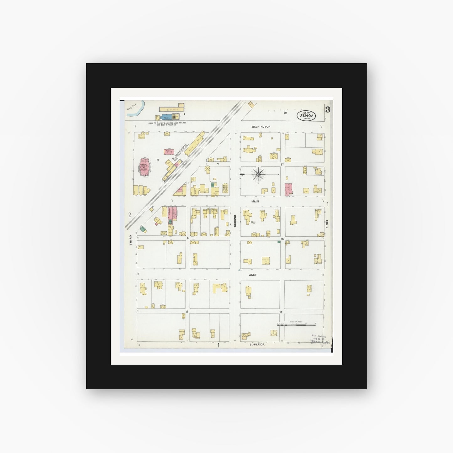 Old map wall art mockup — black gallery frame with white mat — Sanborn Fire Insurance Map from Genoa, Ottawa County, Ohio (1904), Sheet #0003