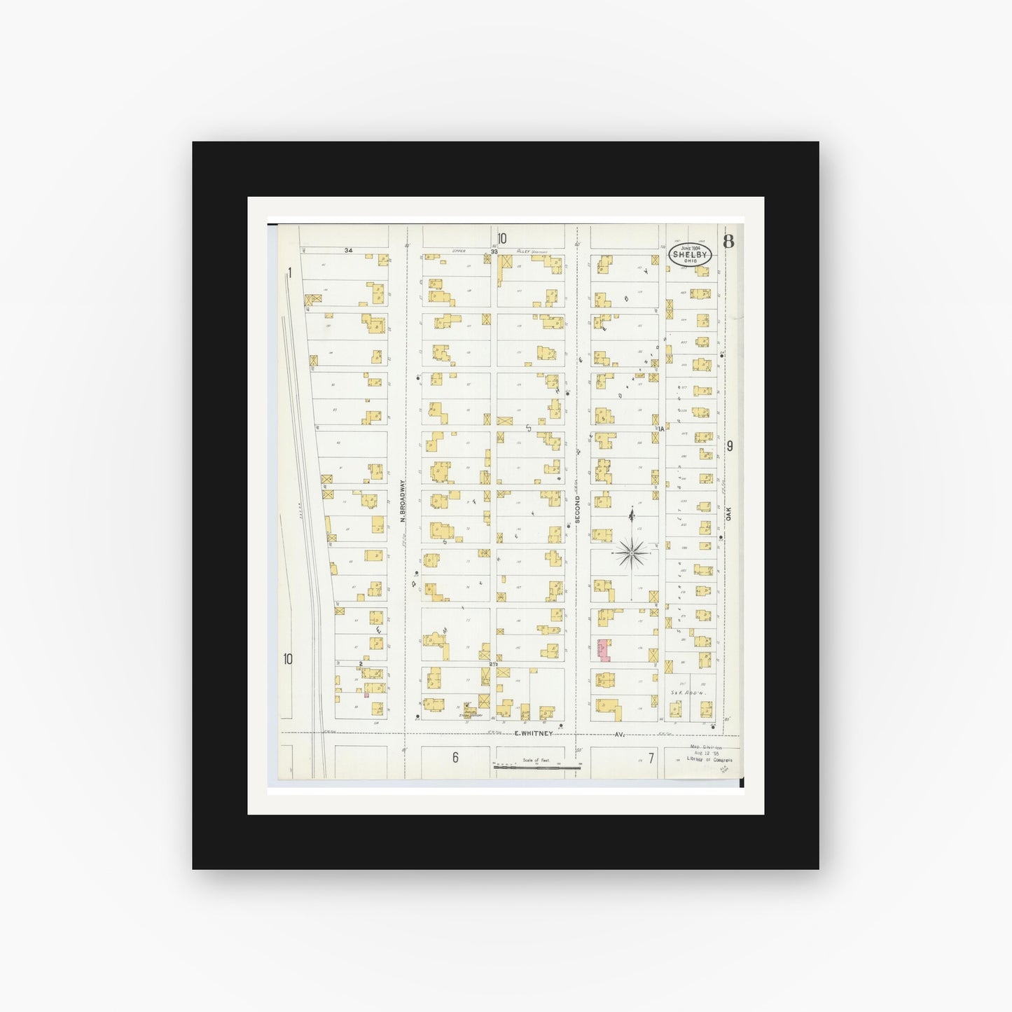 Old map wall art mockup — black gallery frame with white mat — Sanborn Fire Insurance Map from Shelby, Richland County, Ohio (1904), Sheet #0008