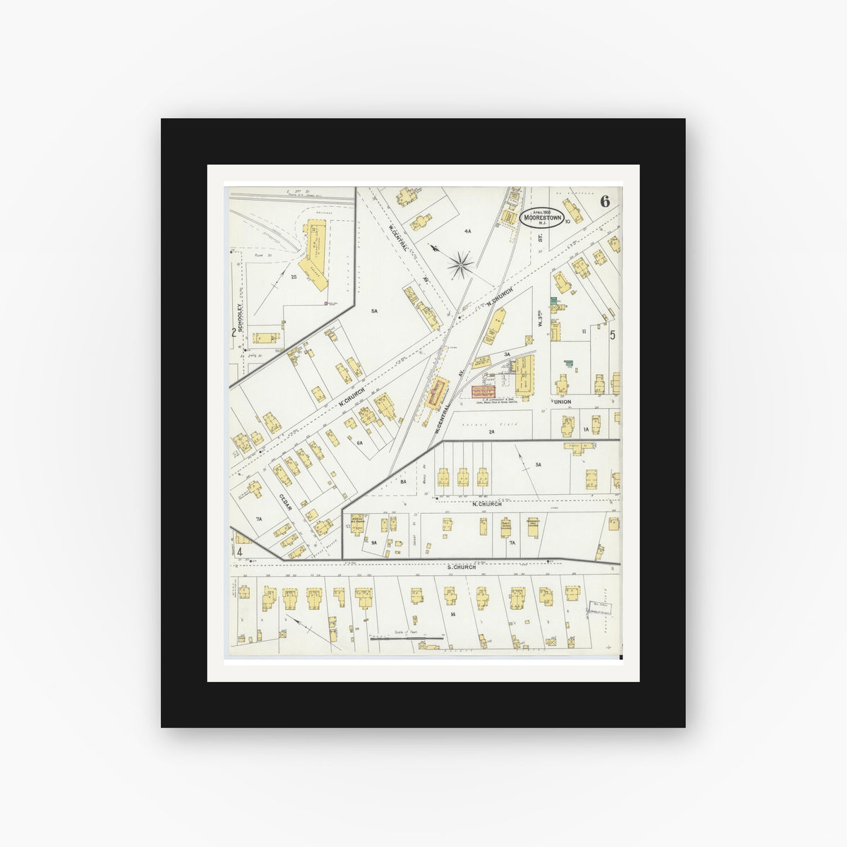 Old map wall art mockup — black gallery frame with white mat — Sanborn Fire Insurance Map from Moorestown, Burlington County, New Jersey (1905), Sheet #0006