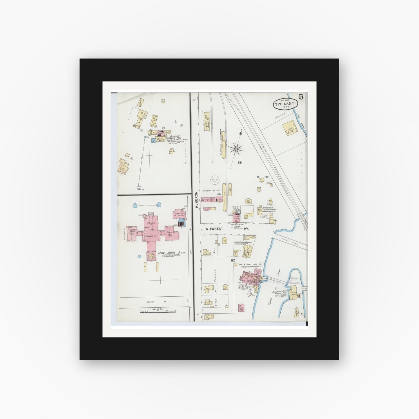 Old map wall art mockup — black gallery frame with white mat — Sanborn Fire Insurance Map from Ypsilanti, Washtenaw County, Michigan (1888), Sheet #0005