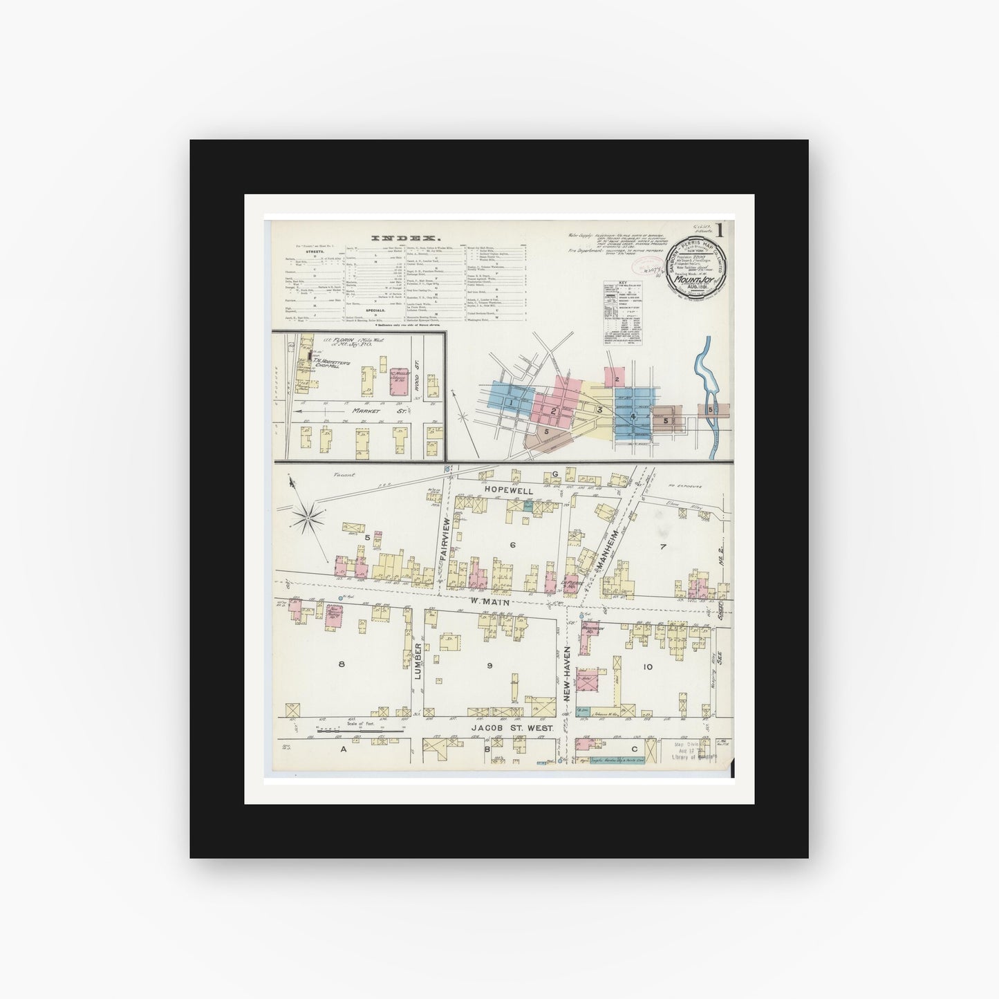 Old map wall art mockup — black gallery frame with white mat — Sanborn Fire Insurance Map from Mount Joy, Lancaster County, Pennsylvania (1891), Sheet #0001