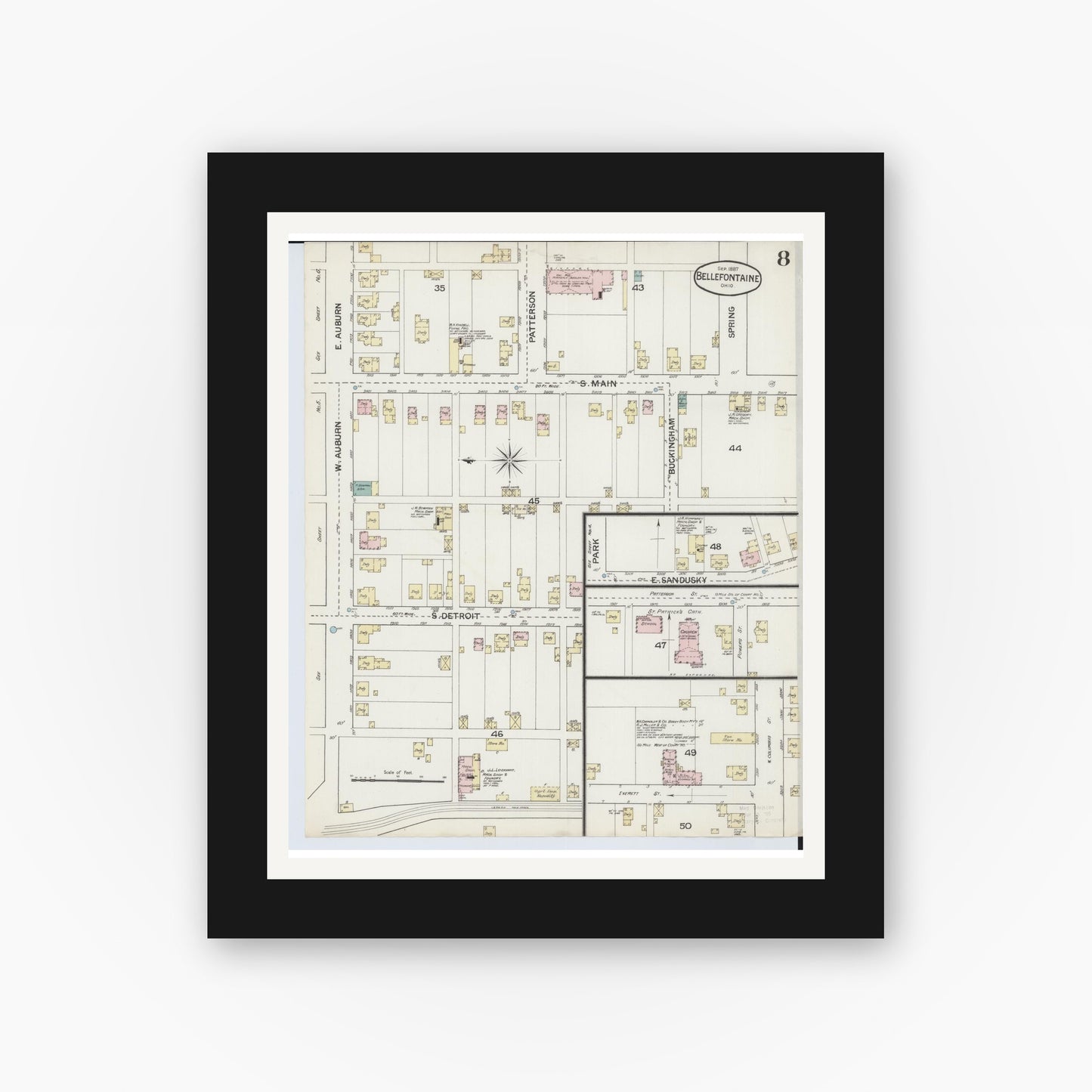 Old map wall art mockup — black gallery frame with white mat — Sanborn Fire Insurance Map from Bellefontaine, Logan County, Ohio (1887), Sheet #0008