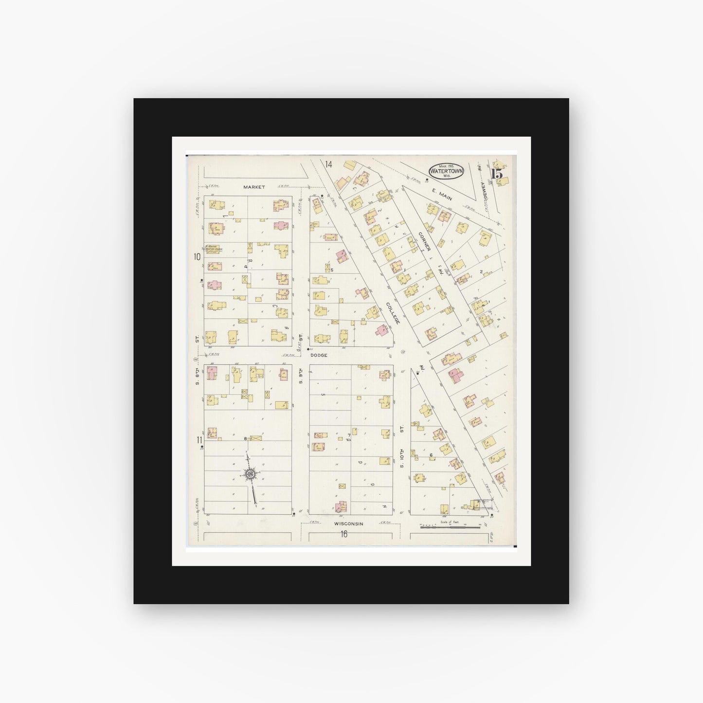 Old map wall art mockup — black gallery frame with white mat — Sanborn Fire Insurance Map from Watertown, Jefferson County, Wisconsin (1915), Sheet #0016