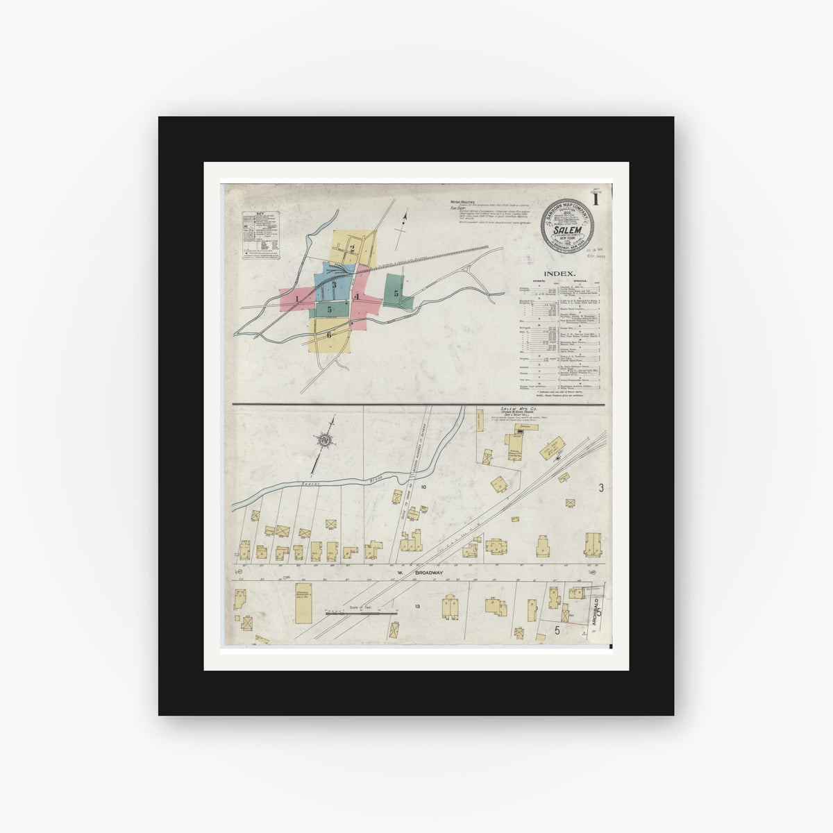 Old map wall art mockup — black gallery frame with white mat — Sanborn Fire Insurance Map from Salem, Washington County, New York (1912) - Complete Map Set