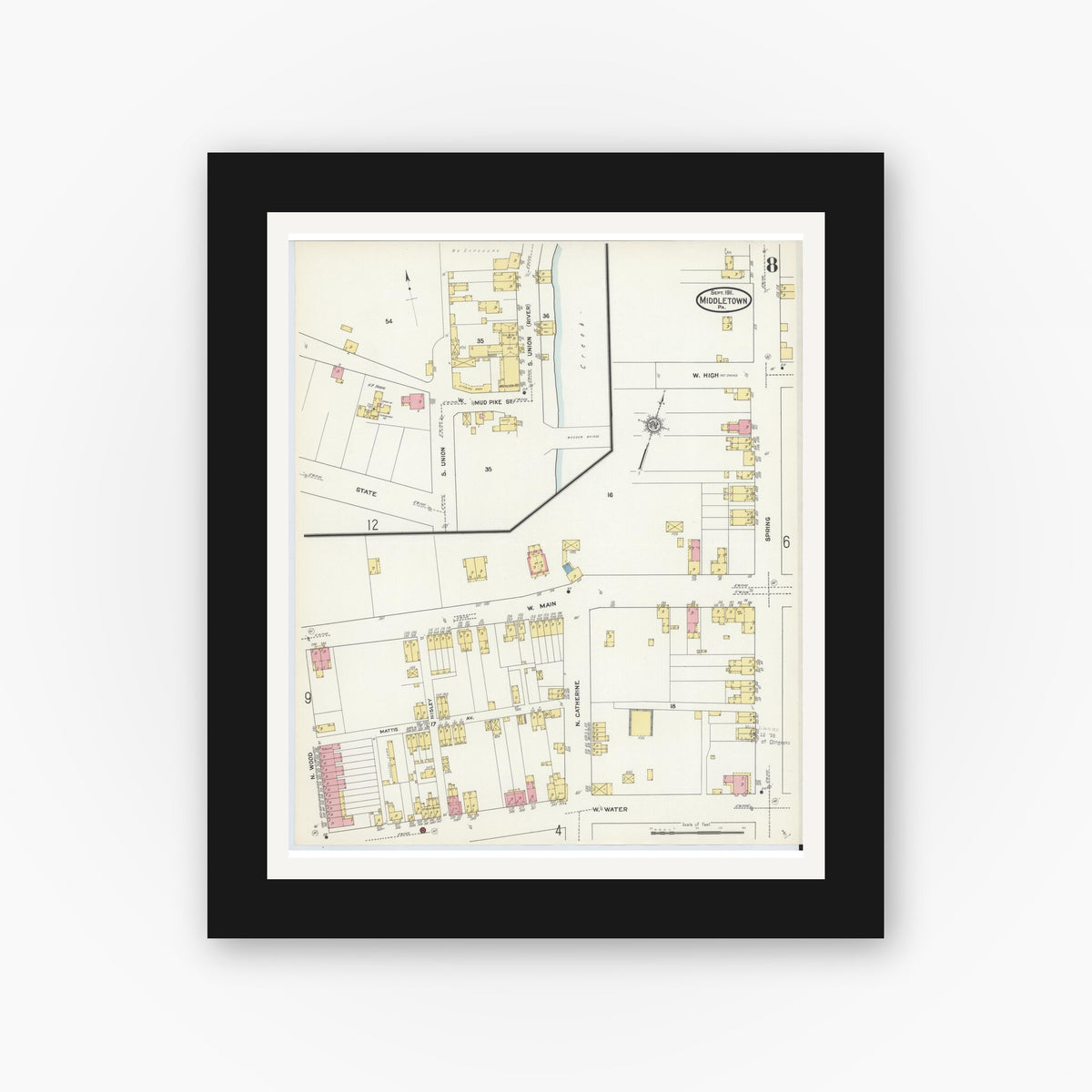 Old map wall art mockup — black gallery frame with white mat — Sanborn Fire Insurance Map from Middletown, Dauphin County, Pennsylvania (1911), Sheet #0008
