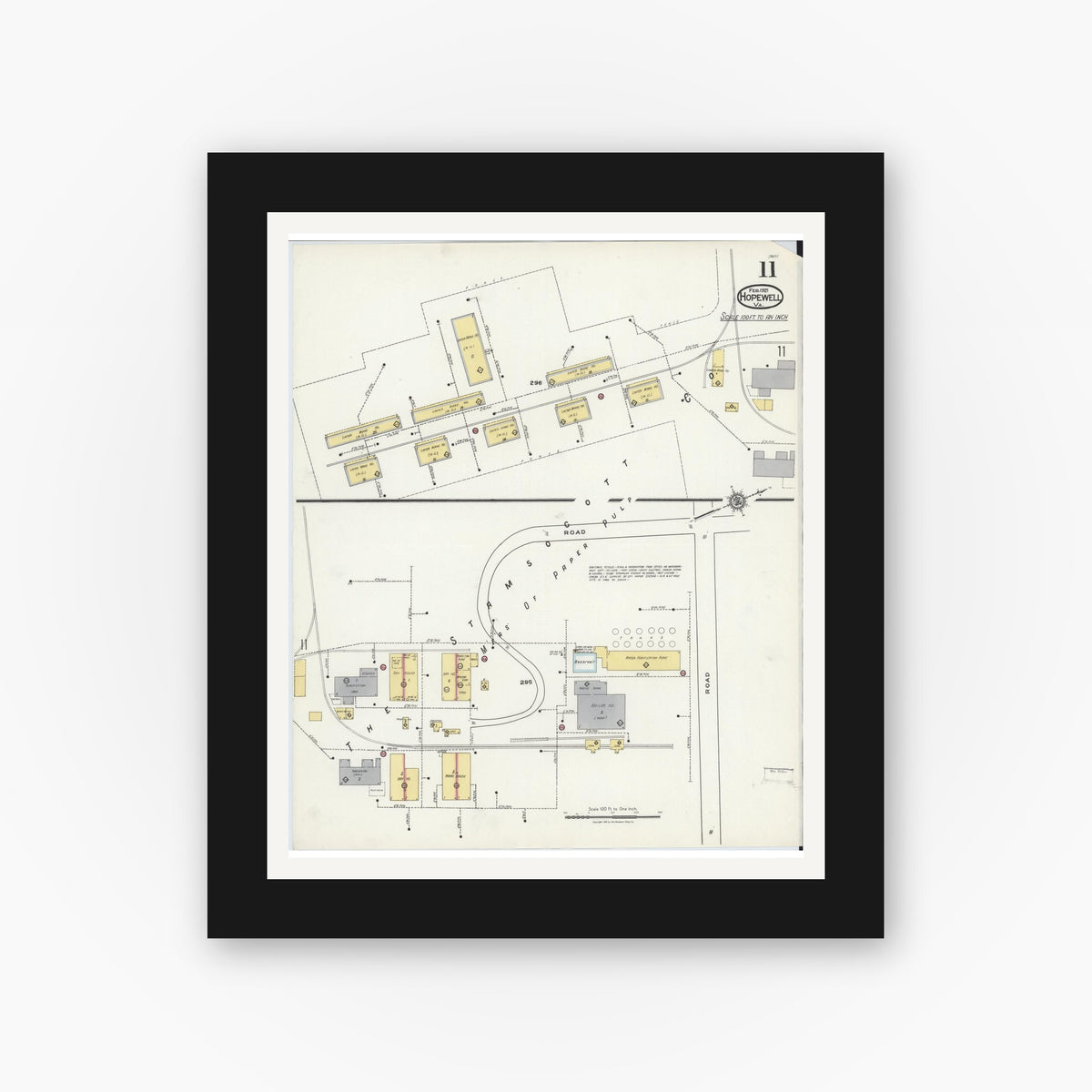Old map wall art mockup — black gallery frame with white mat — Sanborn Fire Insurance Map from Hopewell, Independent Cities, Virginia (1921), Sheet #0011