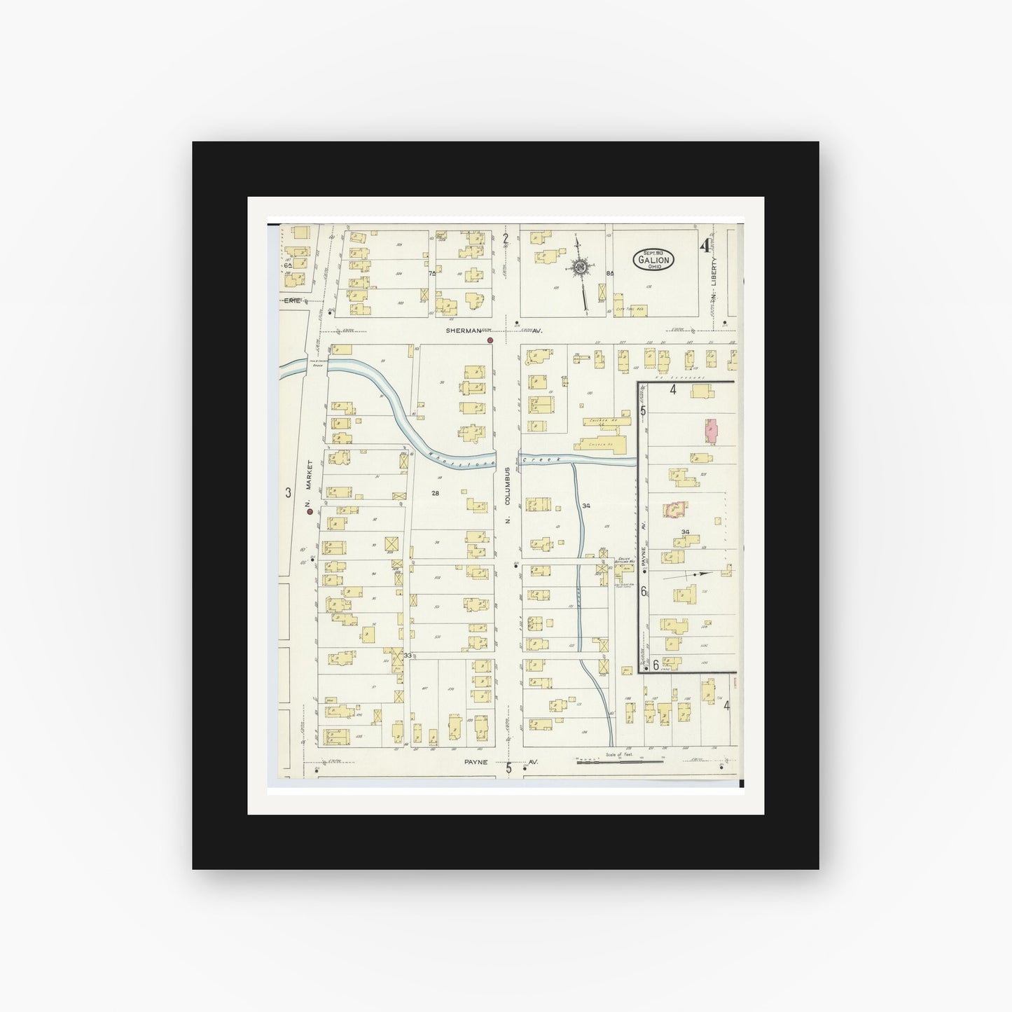 Old map wall art mockup — black gallery frame with white mat — Sanborn Fire Insurance Map from Galion, Crawford County, Ohio (1913), Sheet #0004