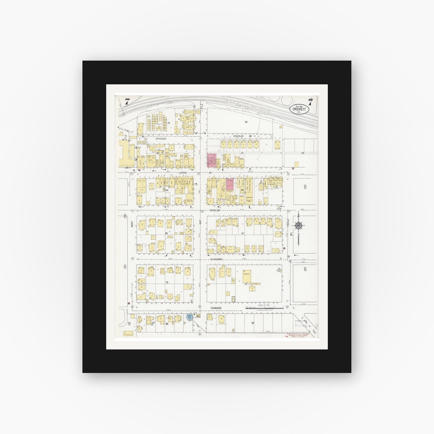 Old map wall art mockup — black gallery frame with white mat — Sanborn Fire Insurance Map from Crockett, Contra Costa County, California (1924), Sheet #0007