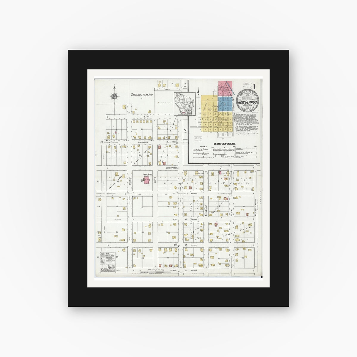 Old map wall art mockup — black gallery frame with white mat — Sanborn Fire Insurance Map from New Glarus, Green County, Wisconsin (1919) - Complete Map Set