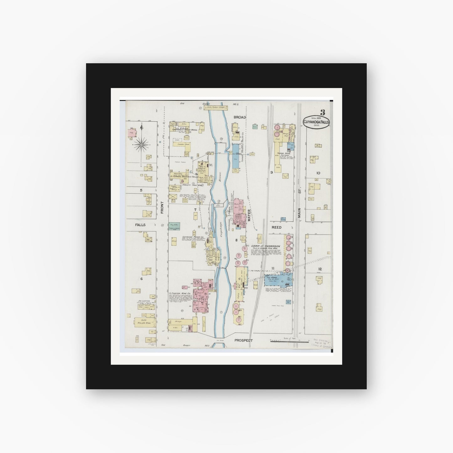 Old map wall art mockup — black gallery frame with white mat — Sanborn Fire Insurance Map from Cuyahoga Falls, Summit County, Ohio (1889), Sheet #0003
