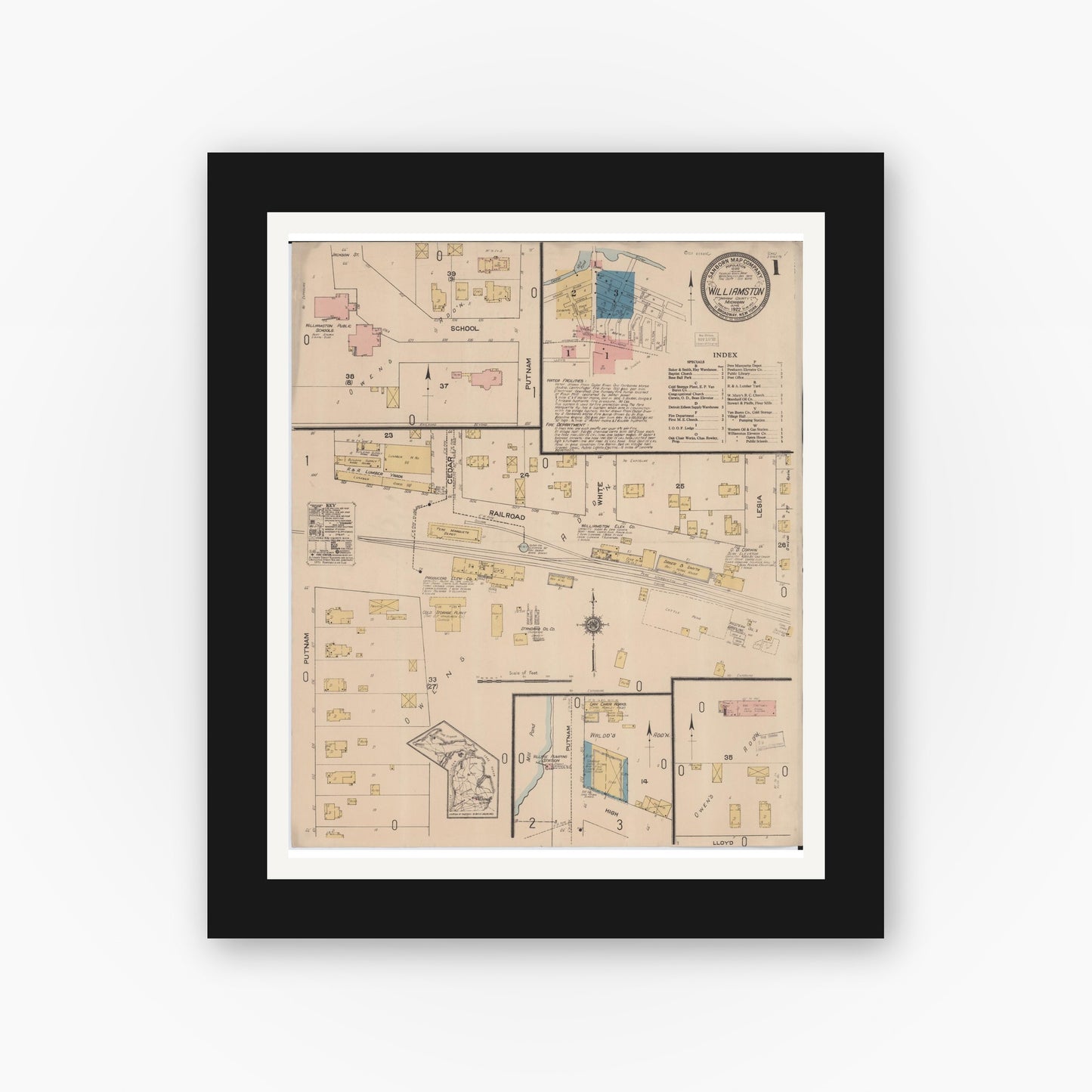 Old map wall art mockup — black gallery frame with white mat — Sanborn Fire Insurance Map from Williamston, Ingham County, Michigan (1922), Sheet #0001