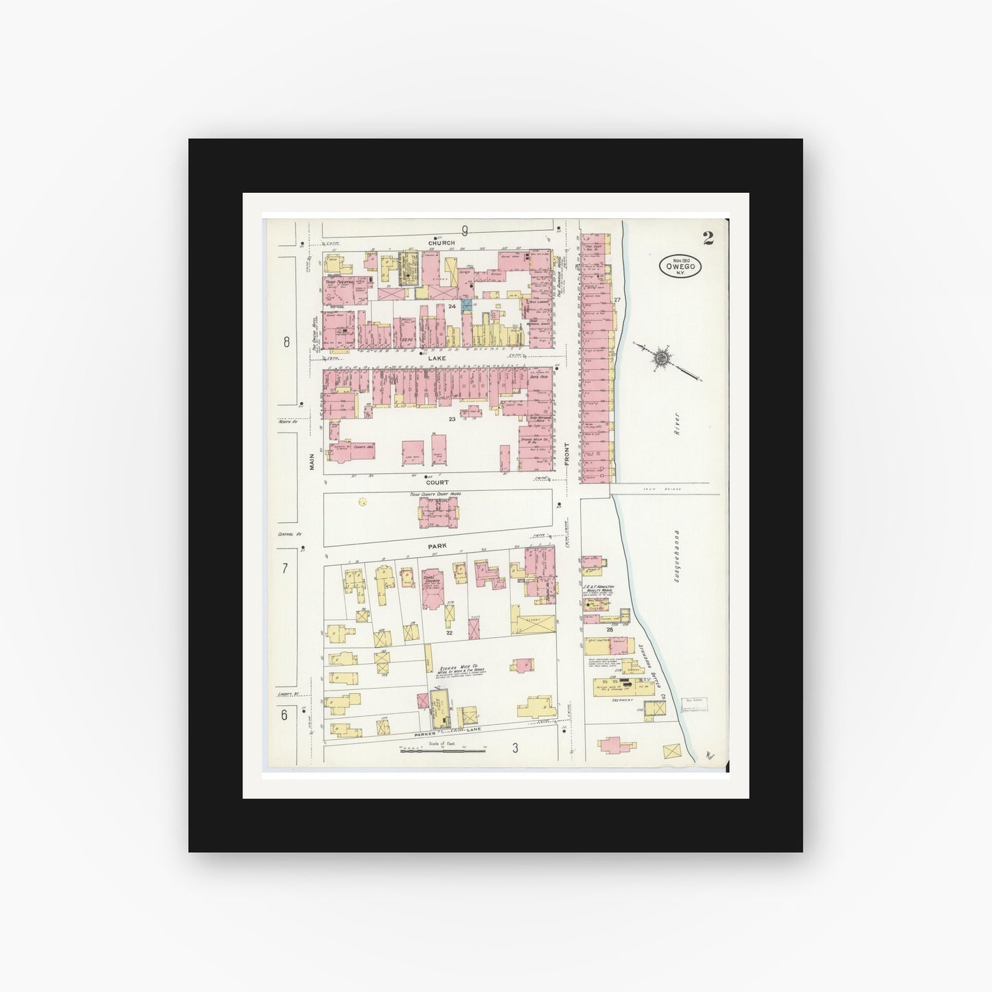 Old map wall art mockup — black gallery frame with white mat — Sanborn Fire Insurance Map from Owego, Tioga County, New York (1910), Sheet #0002