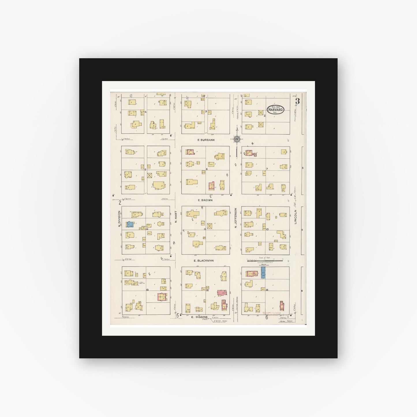 Old map wall art mockup — black gallery frame with white mat — Sanborn Fire Insurance Map from Harvard, McHenry County, Illinois (1922), Sheet #0003