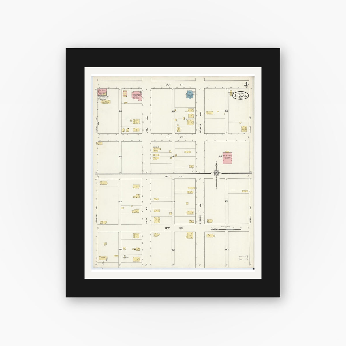 Old map wall art mockup — black gallery frame with white mat — Sanborn Fire Insurance Map from Saint Cloud, Osceola County, Florida (1915), Sheet #0004