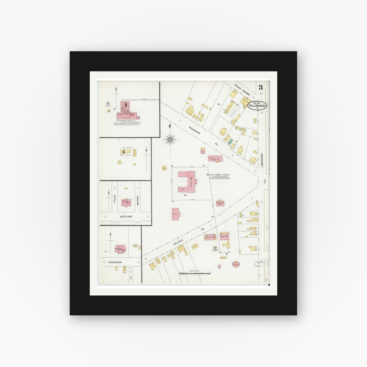 Old map wall art mockup — black gallery frame with white mat — Sanborn Fire Insurance Map from Williamsburg, Independent Cities, Virginia (1904), Sheet #0003