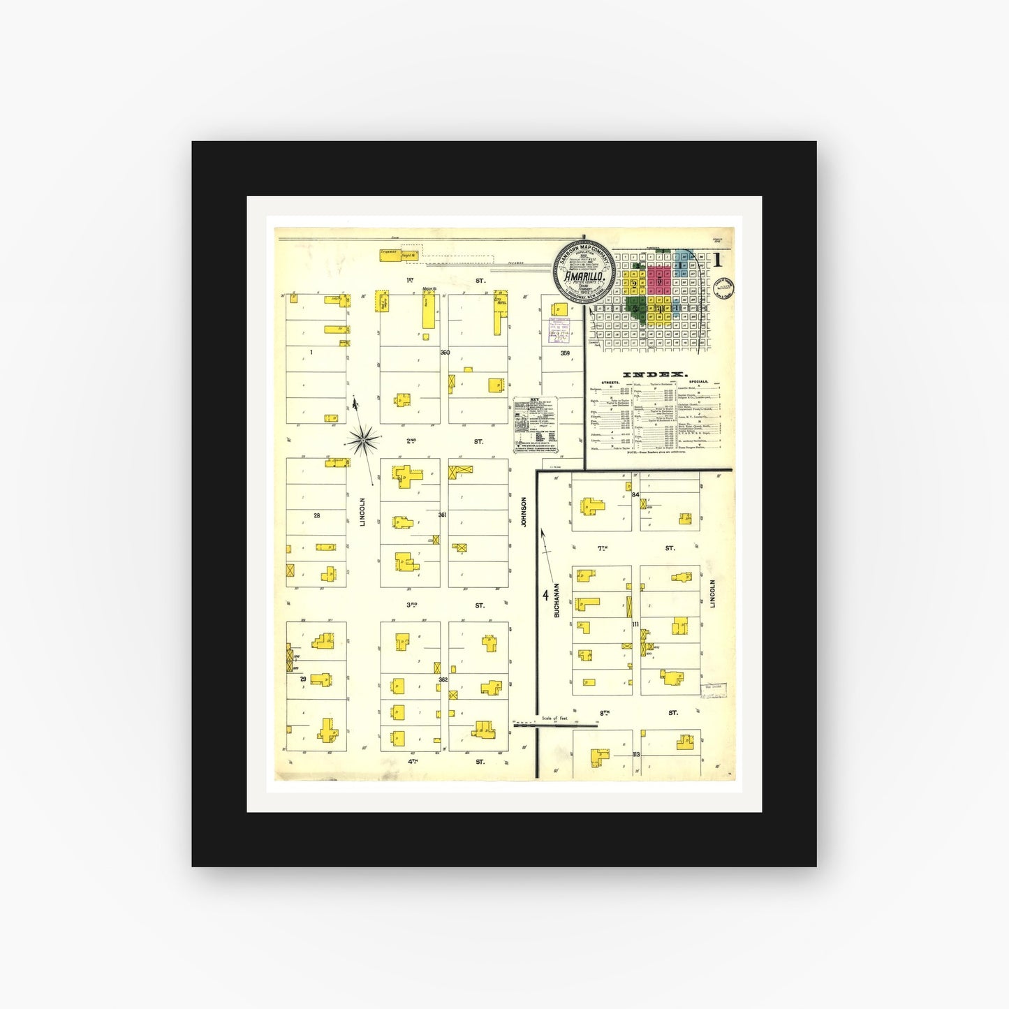 Old map wall art mockup — black gallery frame with white mat — Sanborn Fire Insurance Map from Amarillo, Potter County, Texas (1902), Sheet #0001