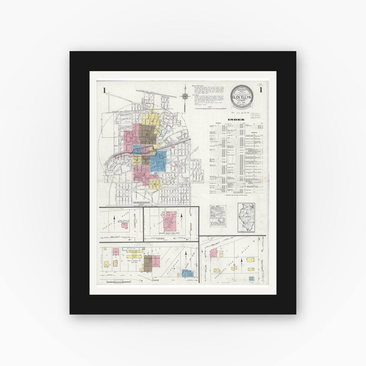 Old map wall art mockup — black gallery frame with white mat — Sanborn Fire Insurance Map from Glen Ellyn, Du Page County, Illinois (1929) - Complete Map Set